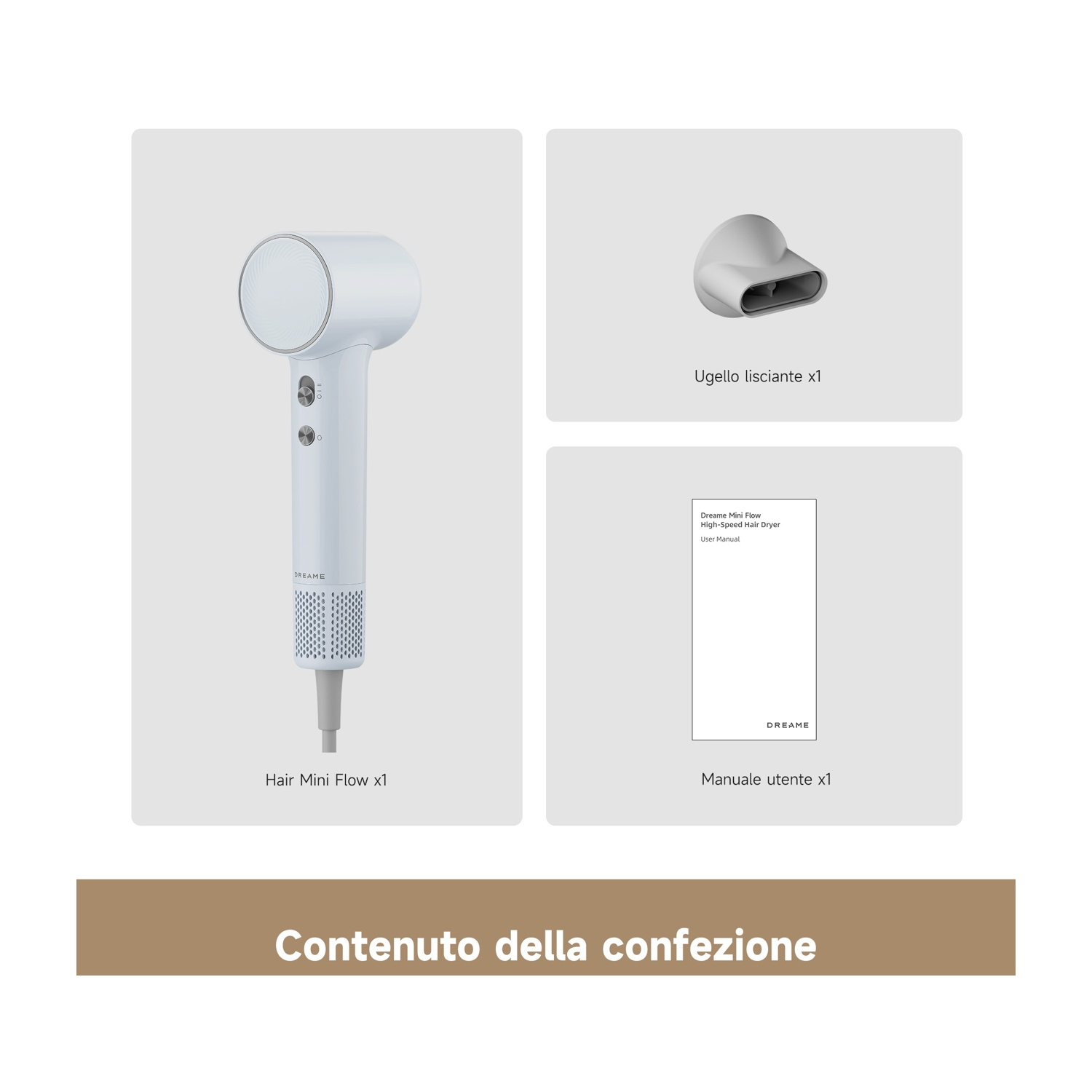 Un asciugacapelli bianco, un ugello e un manuale sono mostrati uno accanto all'altro.
