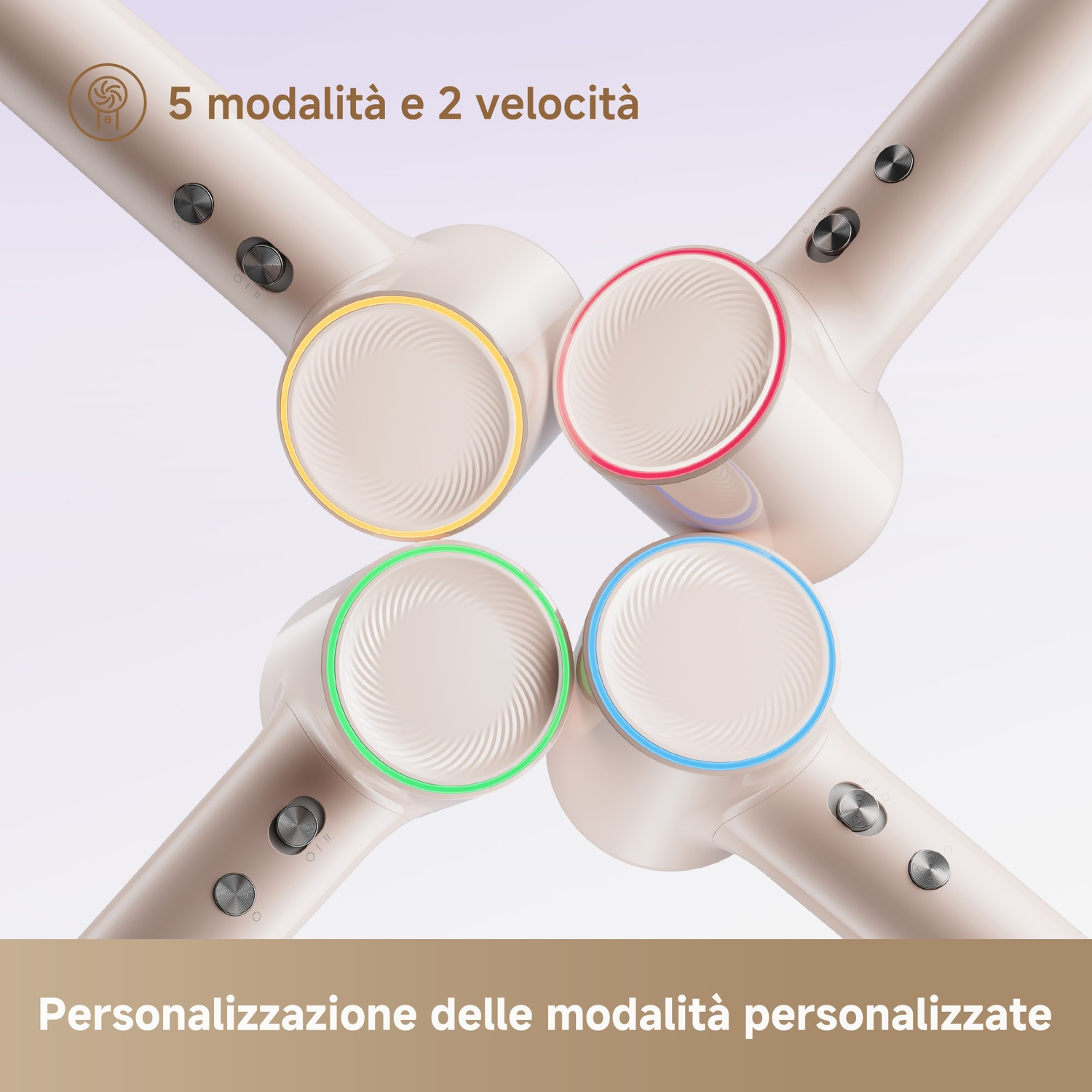 Quattro bocche di asciugacapelli con anelli colorati: giallo, rosso, verde, blu.