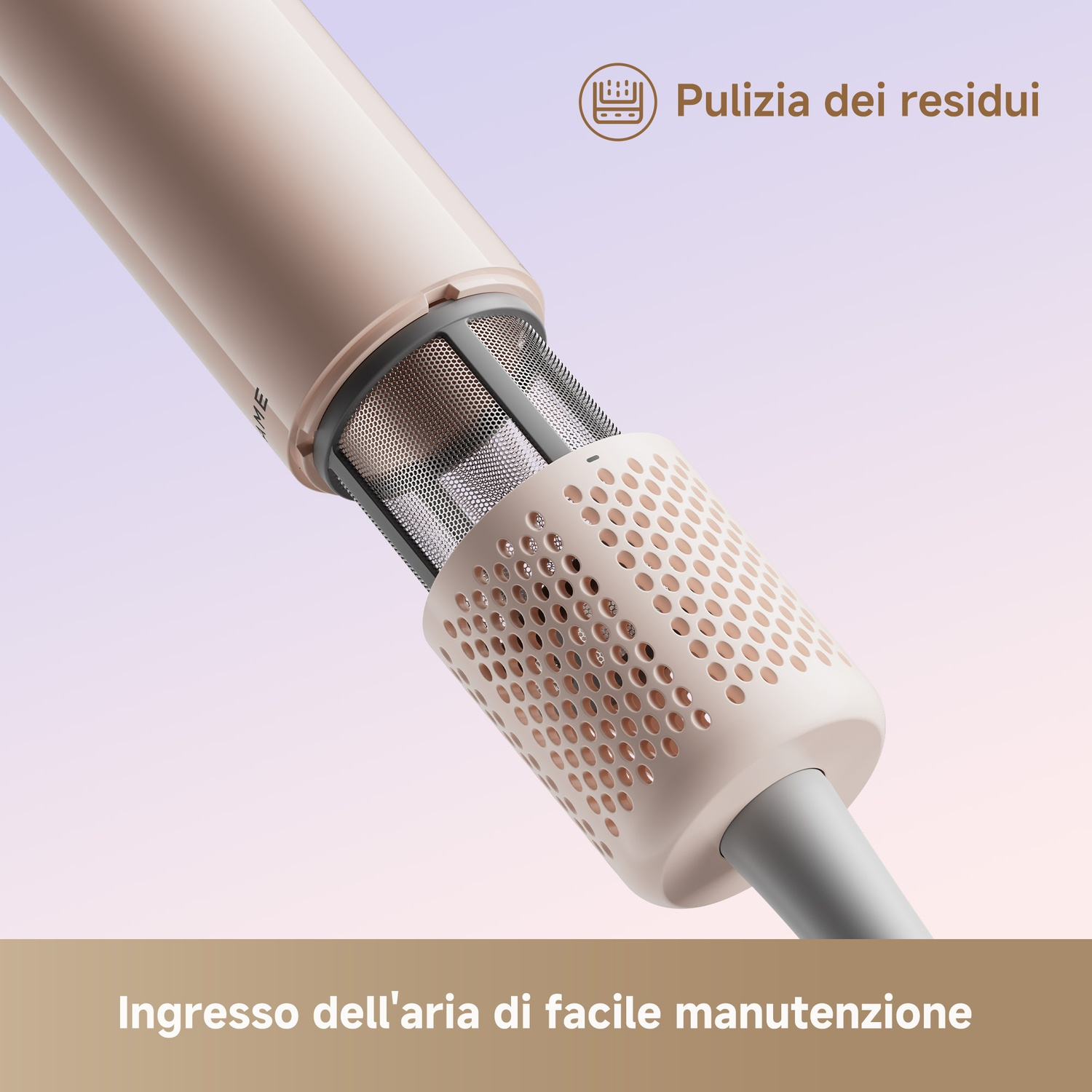 Dettaglio di un accessorio per asciugacapelli con rete e fori.