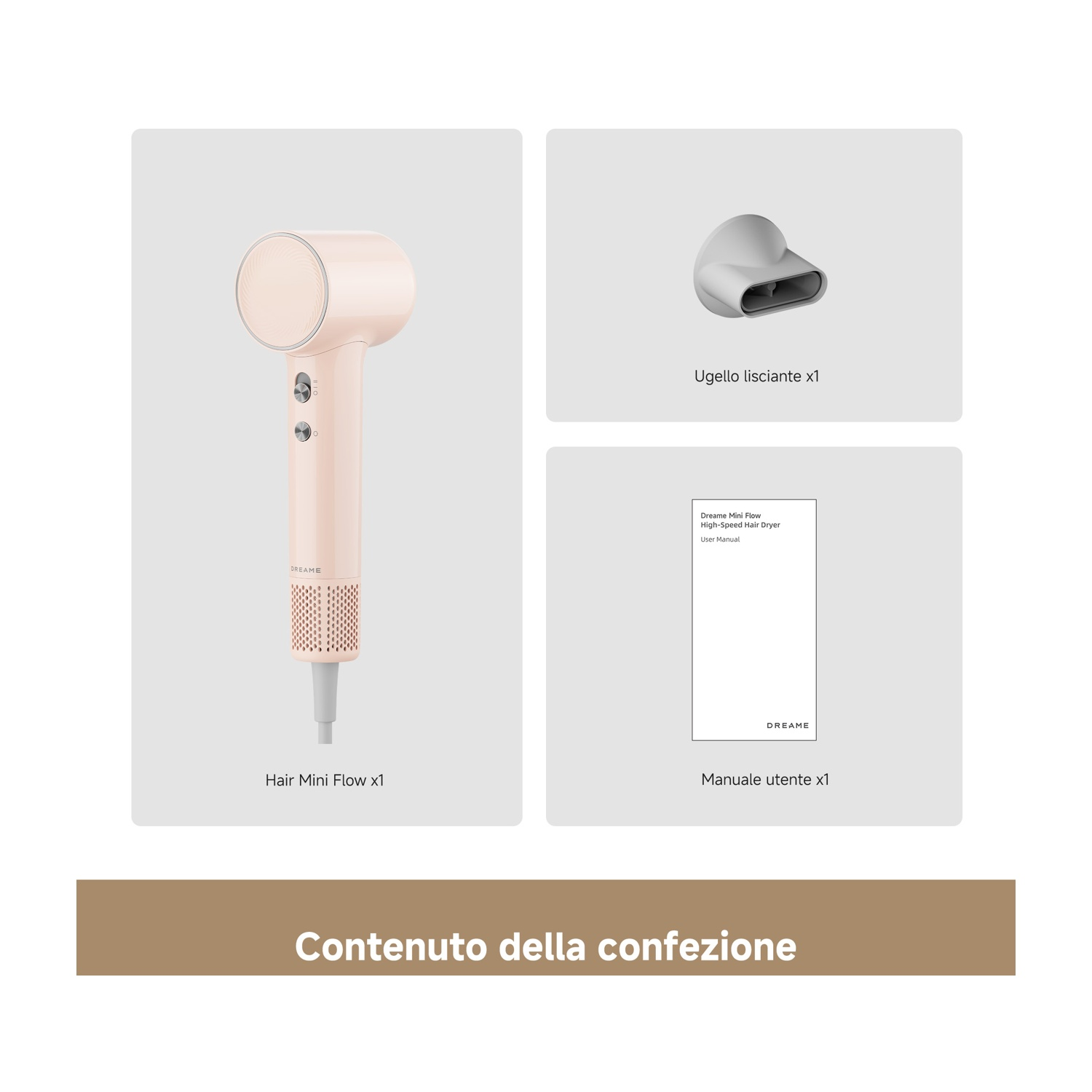 Un asciugacapelli rosa, ugello e manuale su sfondo grigio.
