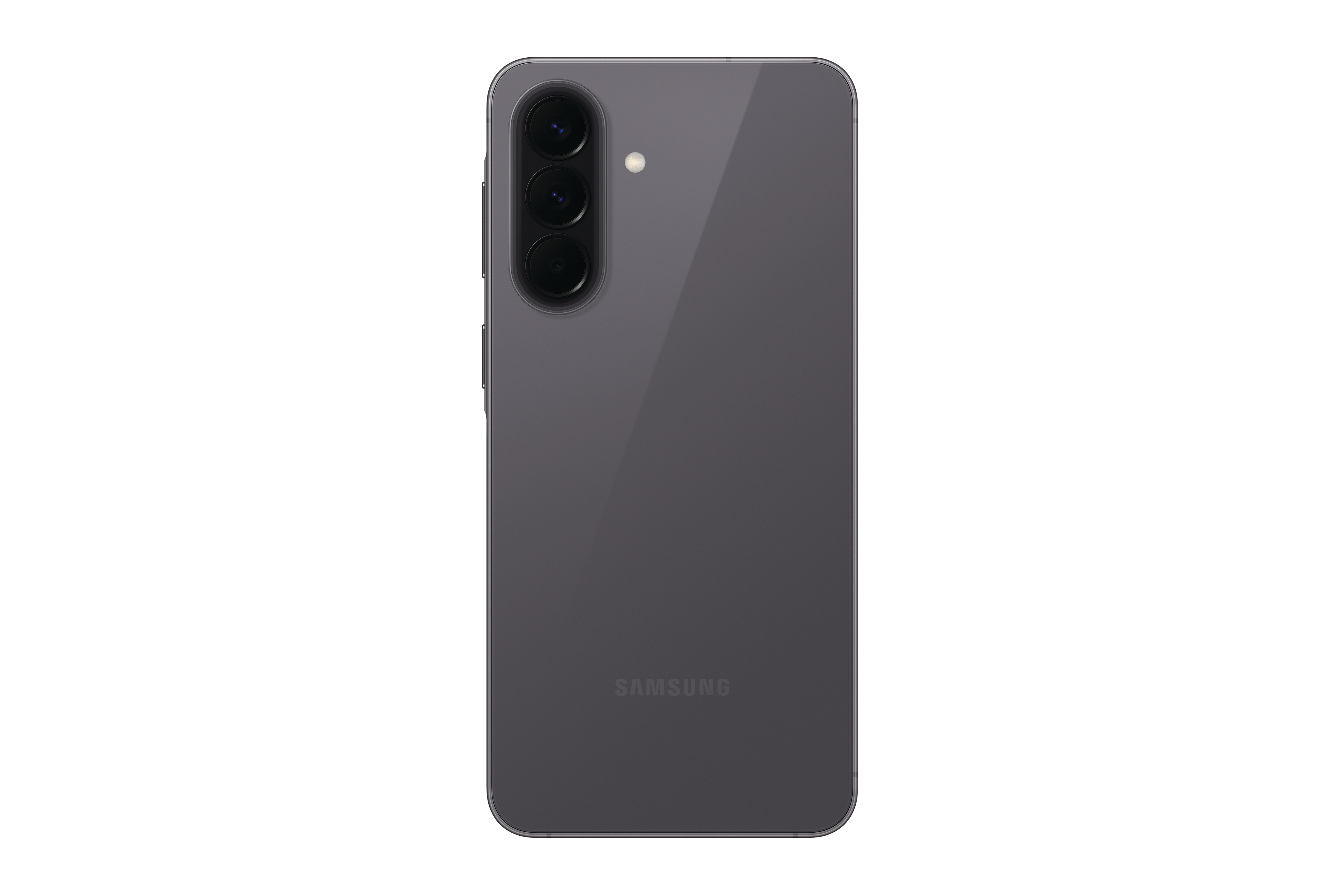 Rückseite eines grauen Samsung Smartphones mit drei Kameras und Blitz.