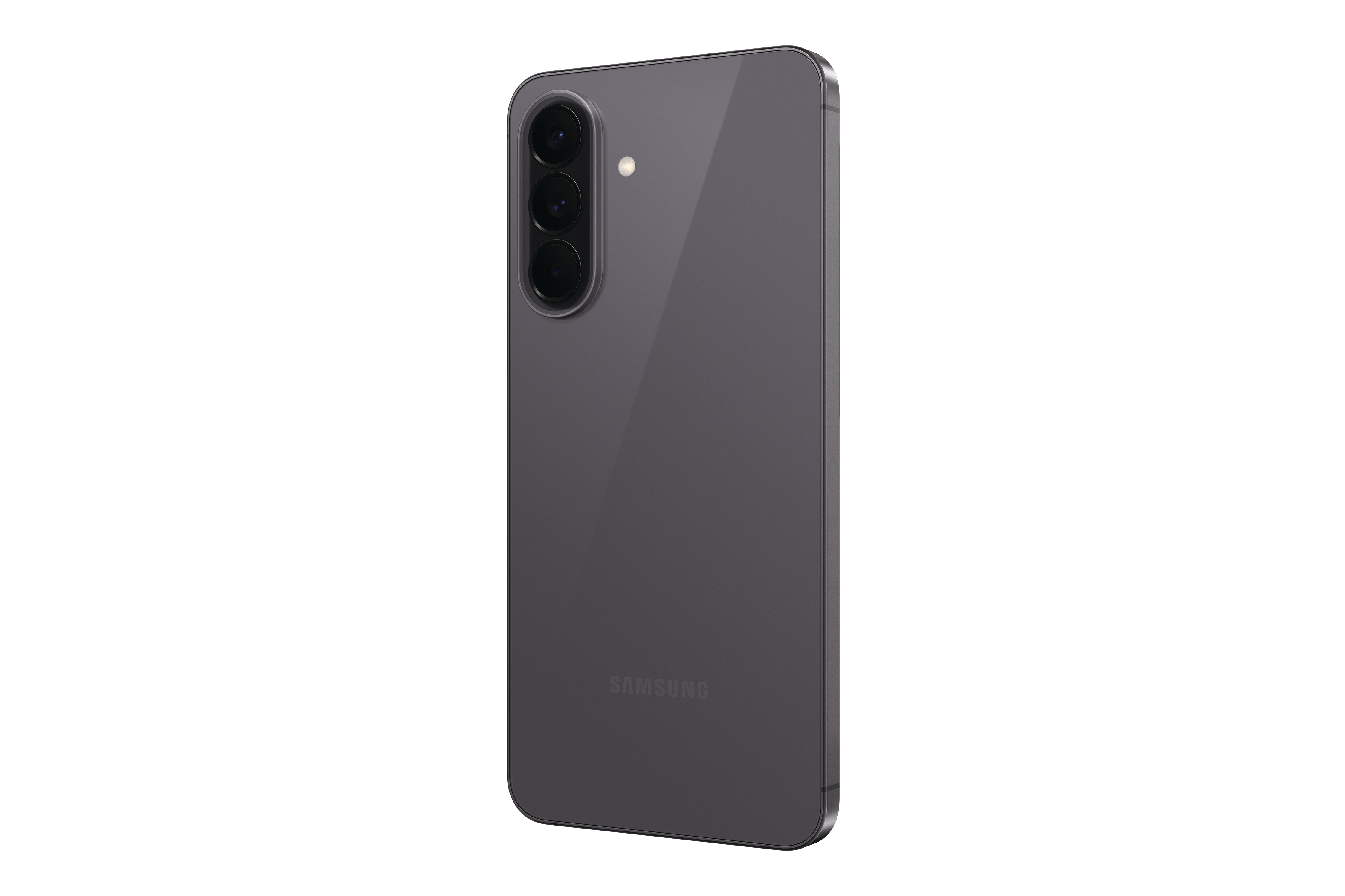 Rückseite eines grauen Smartphones mit drei Kameralinsen und Blitz.