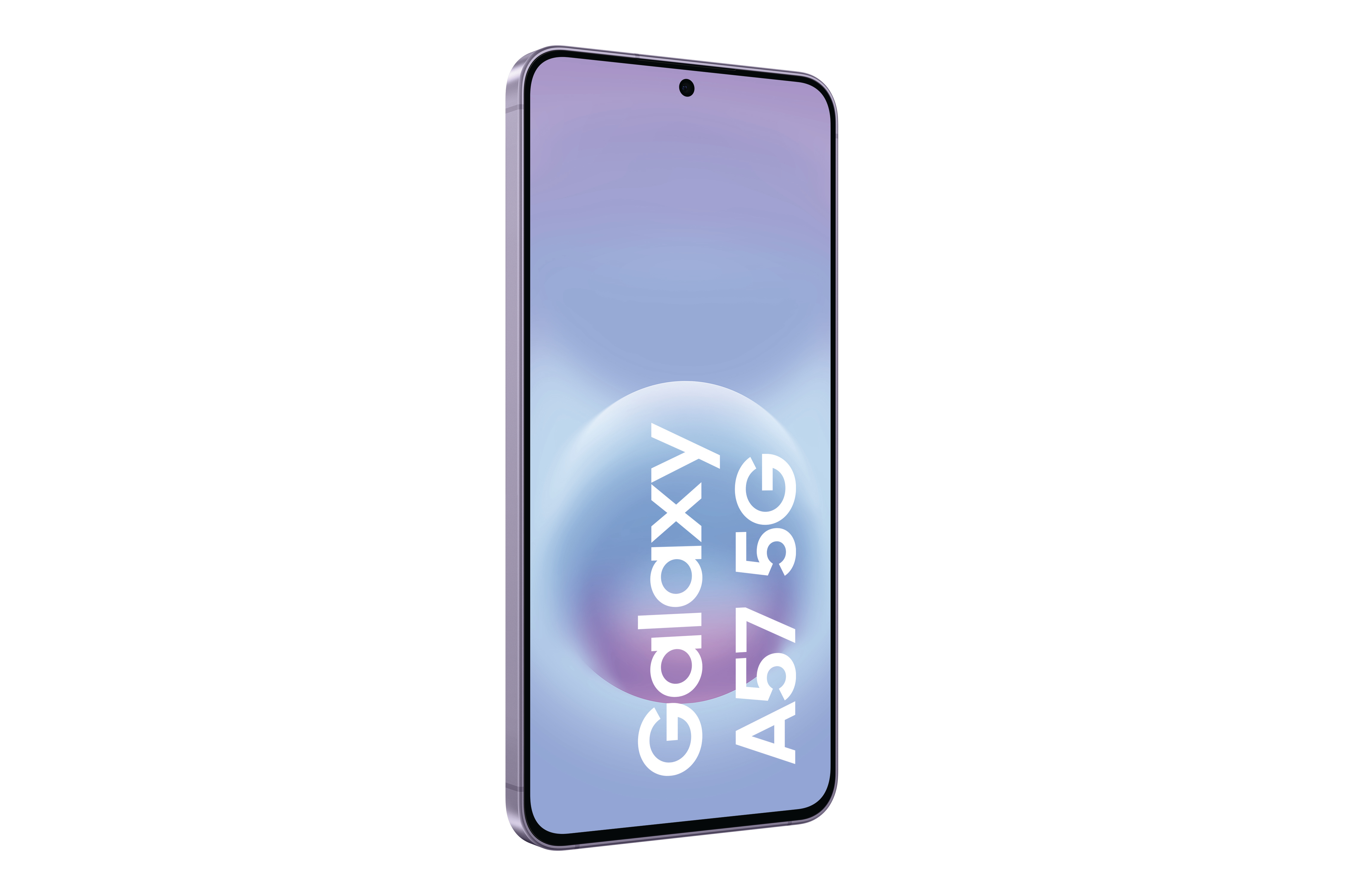 Ein lila Samsung Galaxy A57 5G Smartphone mit einem Kreis- und Wellenmuster.