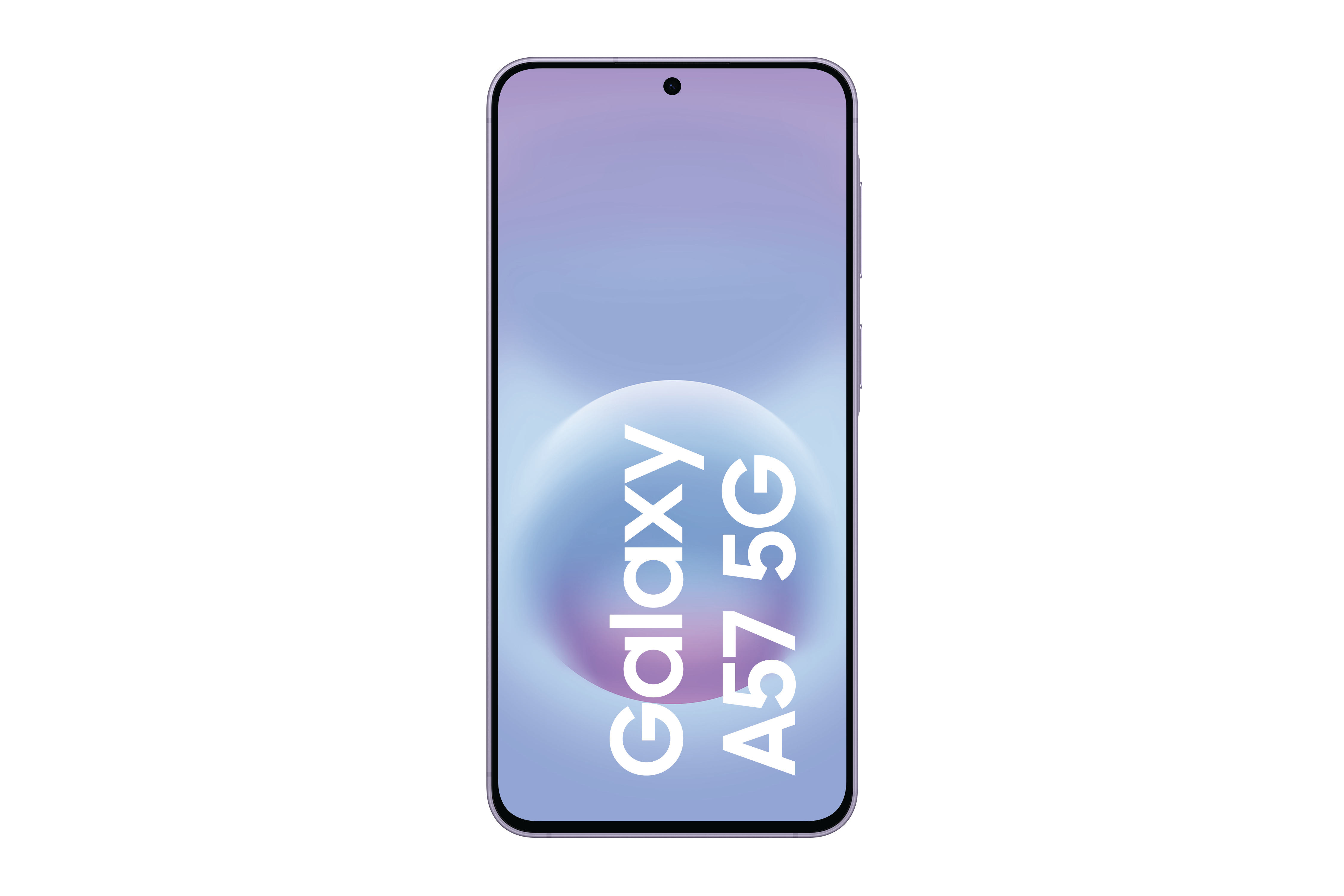 Ein Samsung Galaxy A57 5G Smartphone mit violetter und blauer Hintergrundgrafik.