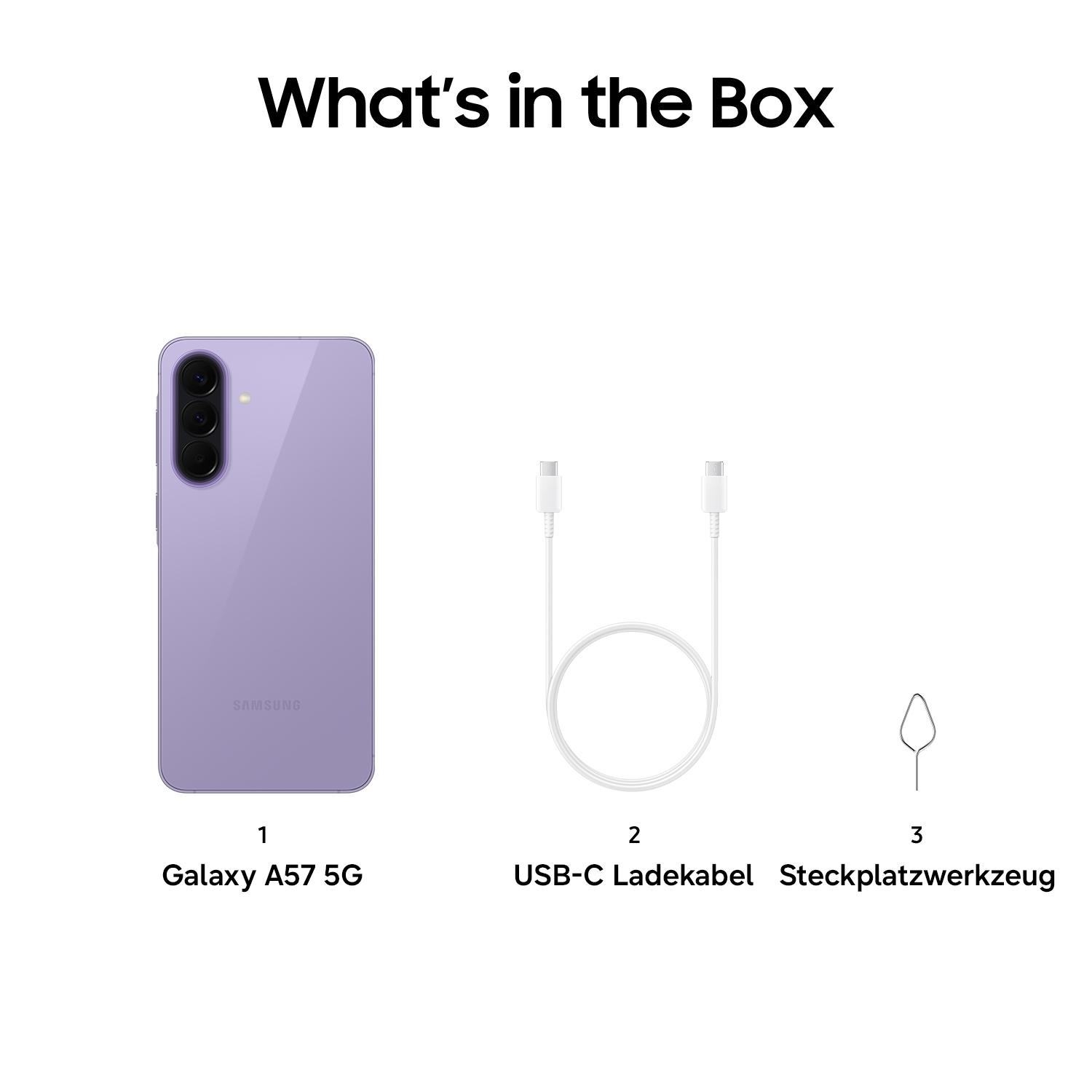 Lila Samsung Galaxy A57 5G, USB-C Kabel und SIM-Werkzeug.