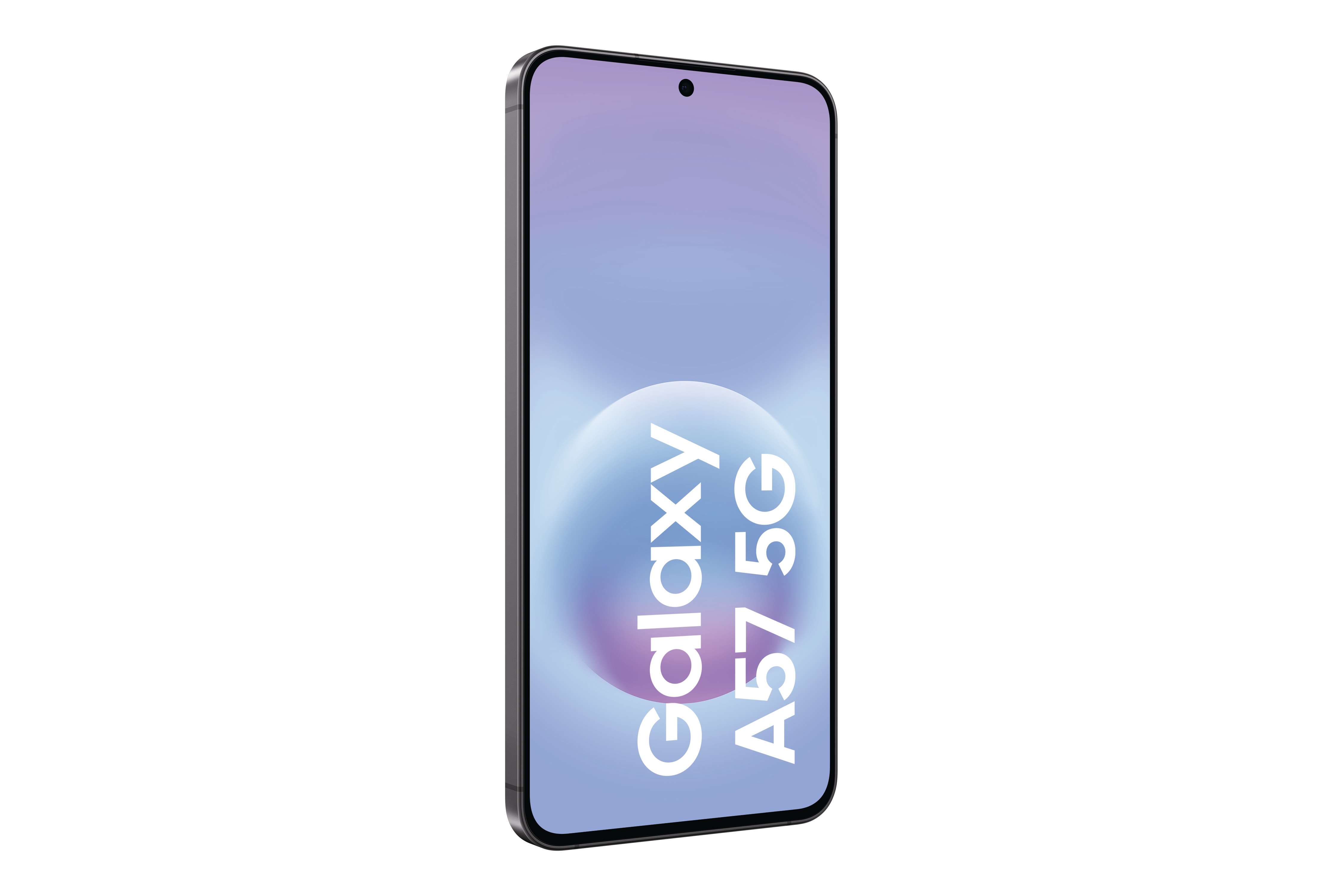 Ein schwarzes Samsung Galaxy A57 5G Smartphone mit einem violetten Hintergrund.
