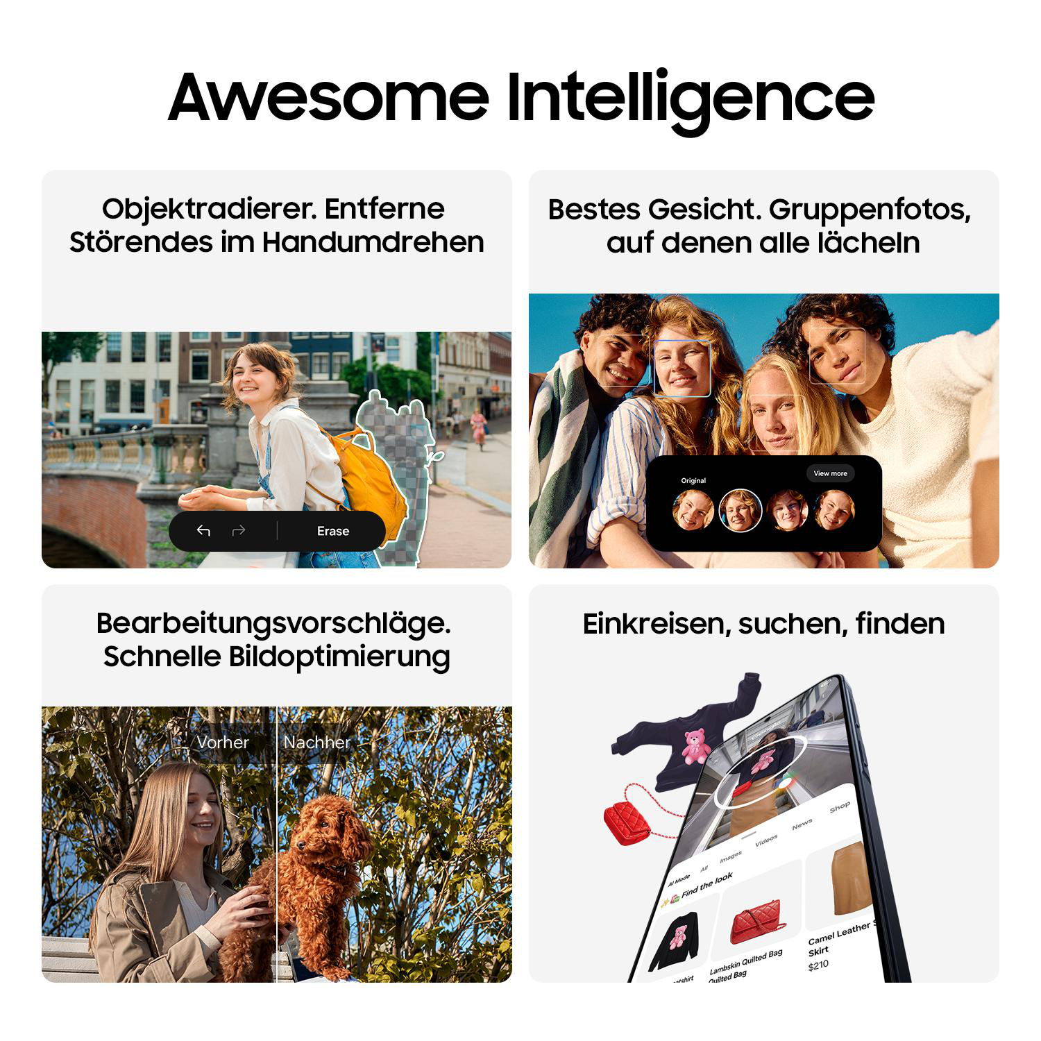 Vier Kacheln zeigen Smartphone-Funktionen: Objekt entfernen, Gesichter verbessern, Bilder optimieren, Produkte suchen.