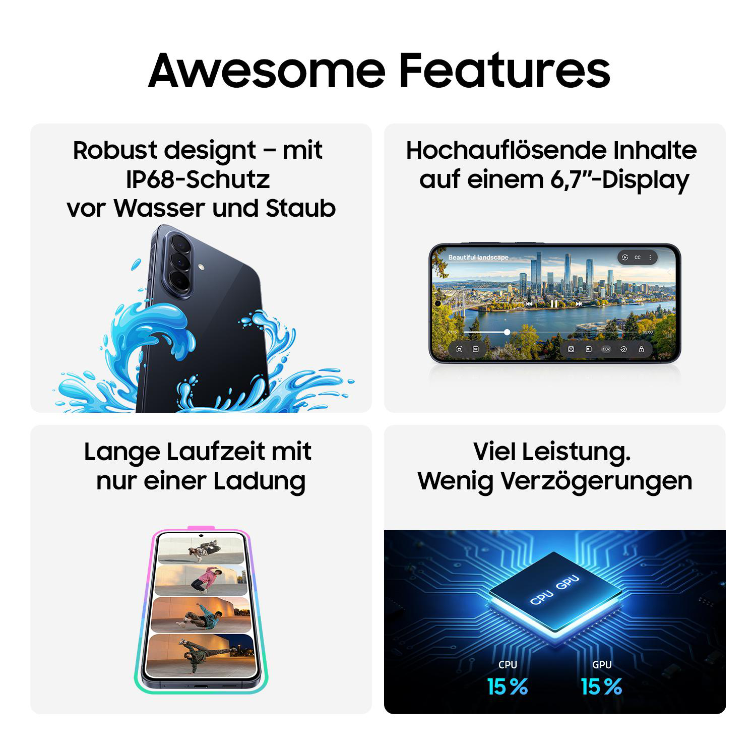 Smartphone mit IP68-Schutz vor Wasser/Staub, 6,7-Zoll-Display, lange Akkulaufzeit, hohe Leistung.