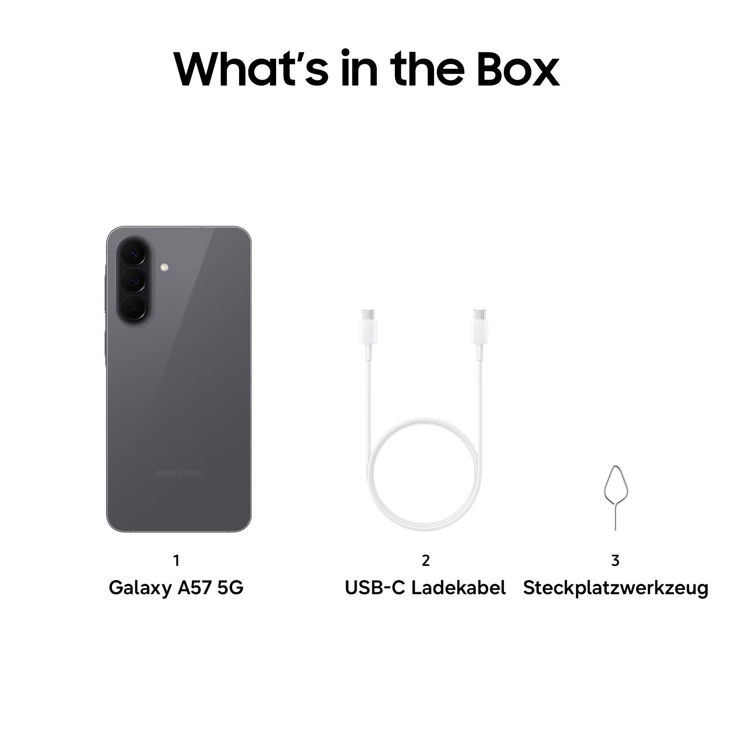 Graues Samsung Galaxy A57 5G, USB-C Kabel und SIM-Werkzeug.