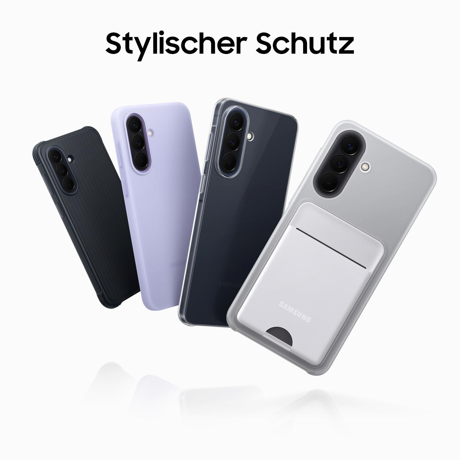Vier Samsung Handyhüllen: schwarz, lila, dunkelblau und silbern mit Kartenhalter.