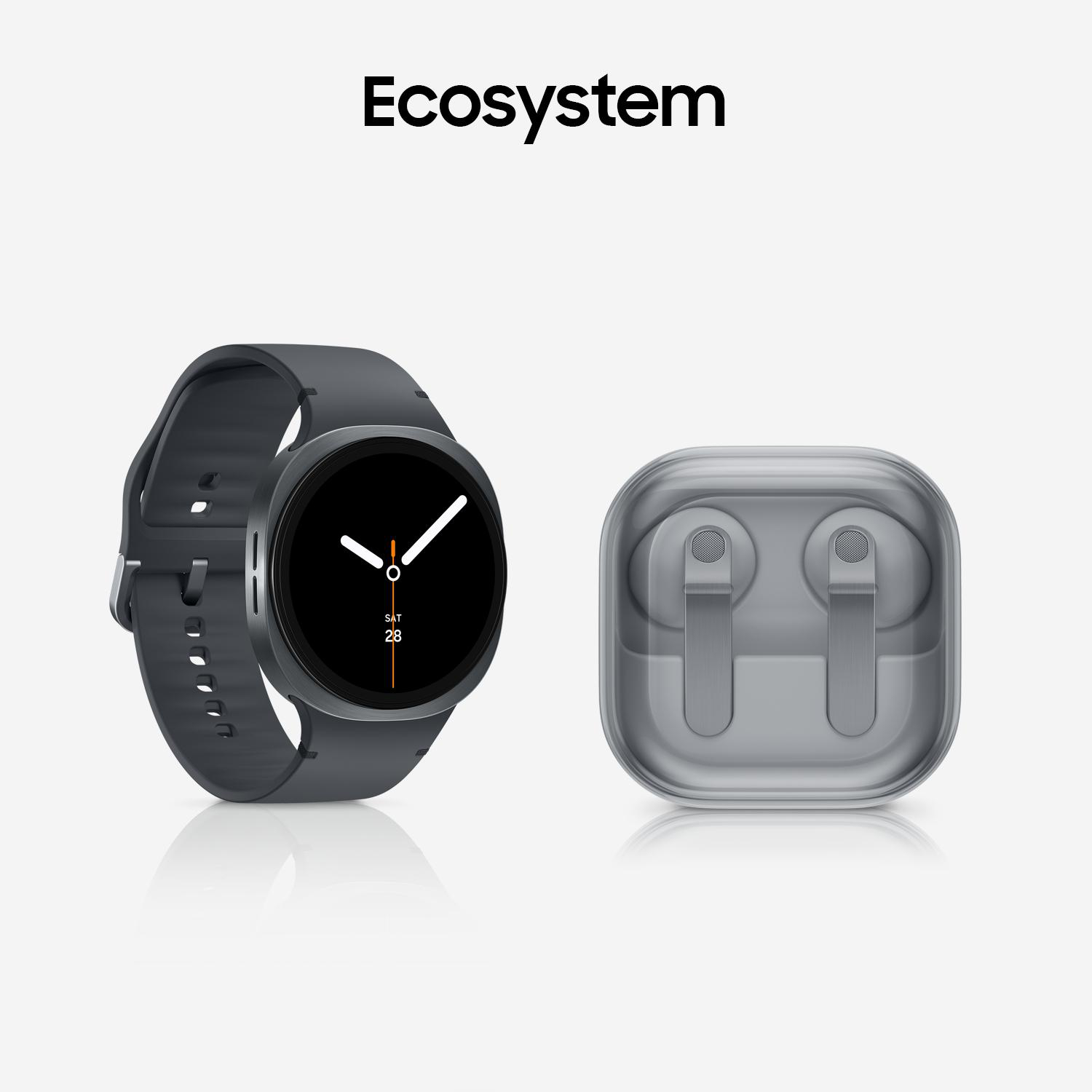 Graue Smartwatch und transparente Ladehülle für Ohrhörer nebeneinander.