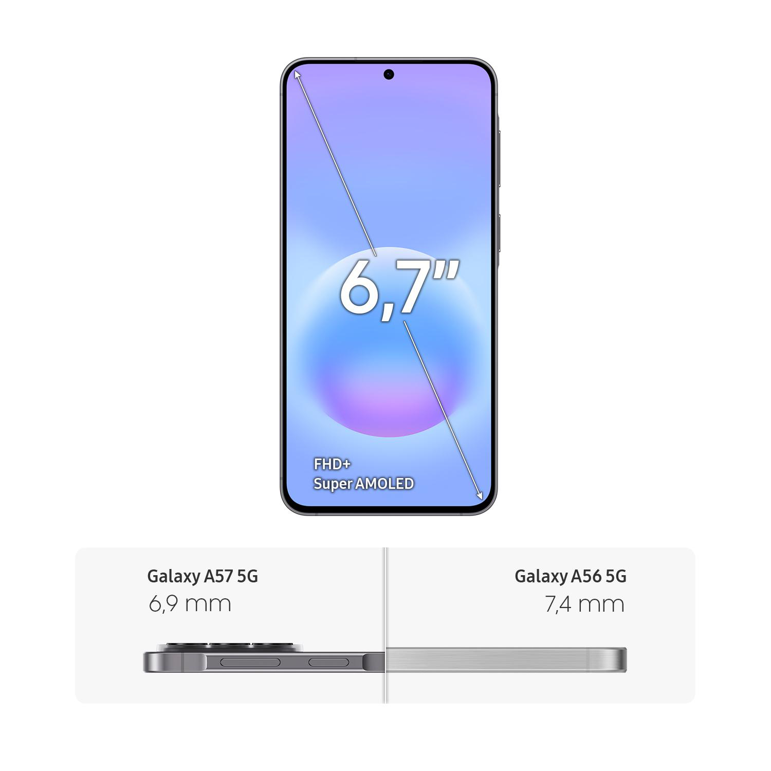 Smartphone-Display 6,7 Zoll FHD+ Super AMOLED. Galaxy A57 5G (6,9mm) vs A56 5G (7,4mm).