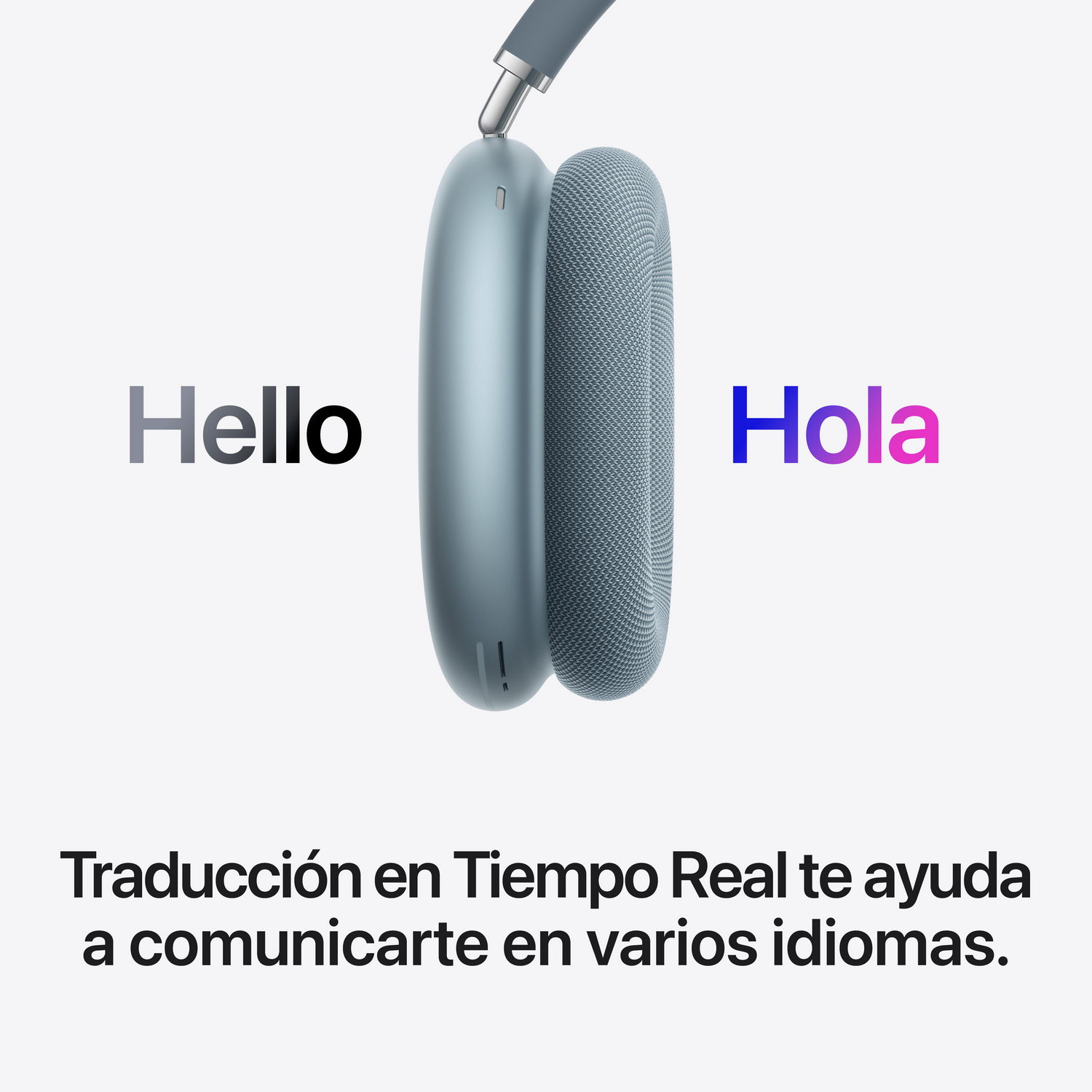 AirPods Max con traducción en Tiempo Real mostrando 'Hello' en gris y 'Hola' en púrpura. Traducción en tiempo real te ayuda a comunicarte en varios idiomas.