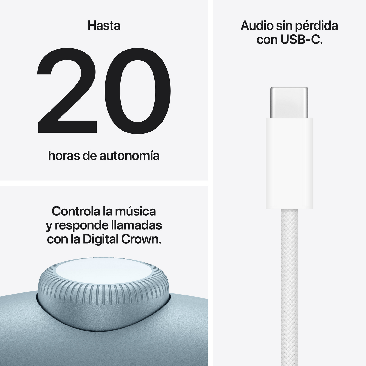 Auricular inalámbrico lavanda con Digital Crown. "Hasta 20 horas de autonomía". "Controla la música y responde llamadas con la Digital Crown". Cable blanco. "Audio sin pérdida con USB-C."