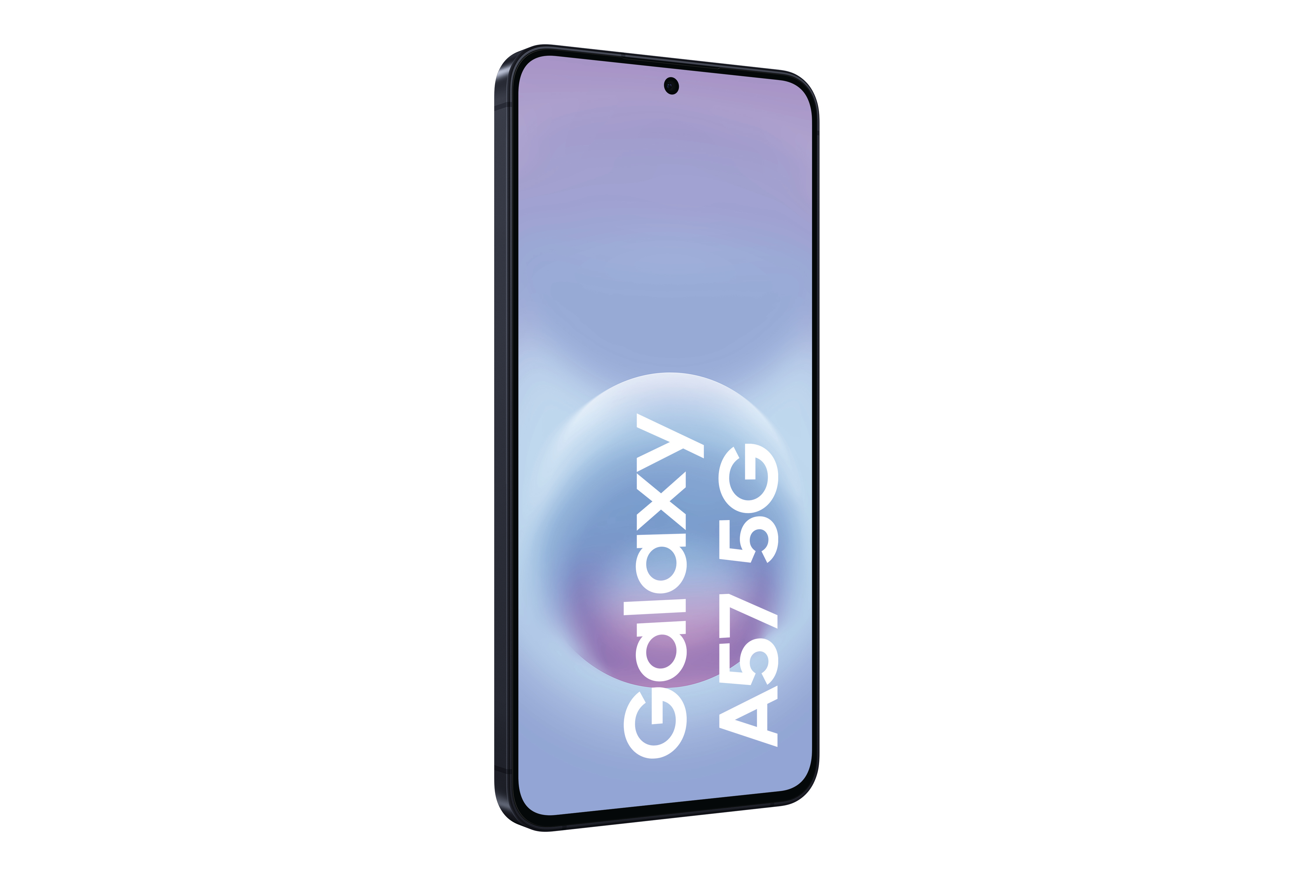 Ein Samsung Galaxy A57 5G Smartphone mit einem blauen und violetten Hintergrund.