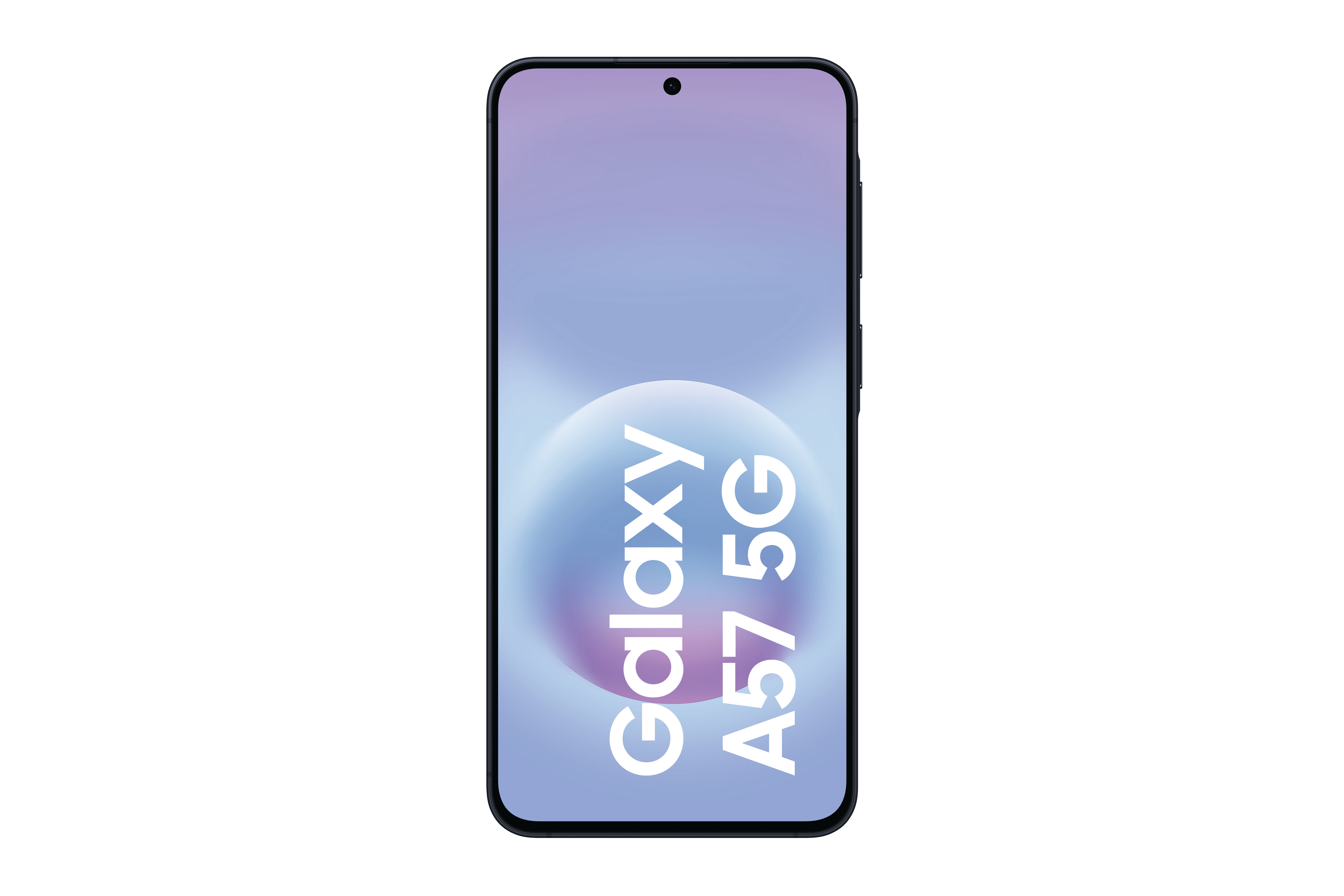 Ein schwarzes Samsung Galaxy A57 5G Smartphone mit violetter und blauer Bildschirmanzeige.