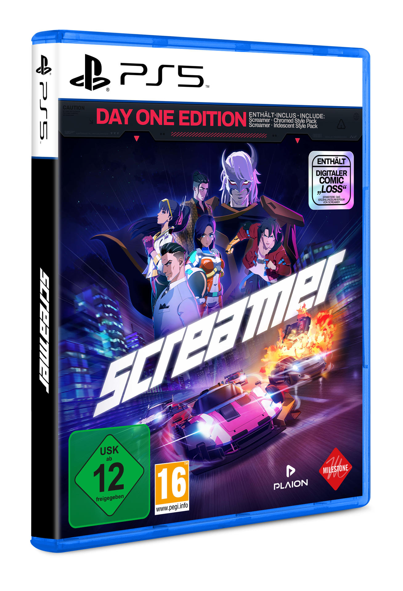 PS5 Spiel "Screamer" Day One Edition mit Charakteren, Autos und Stadt.