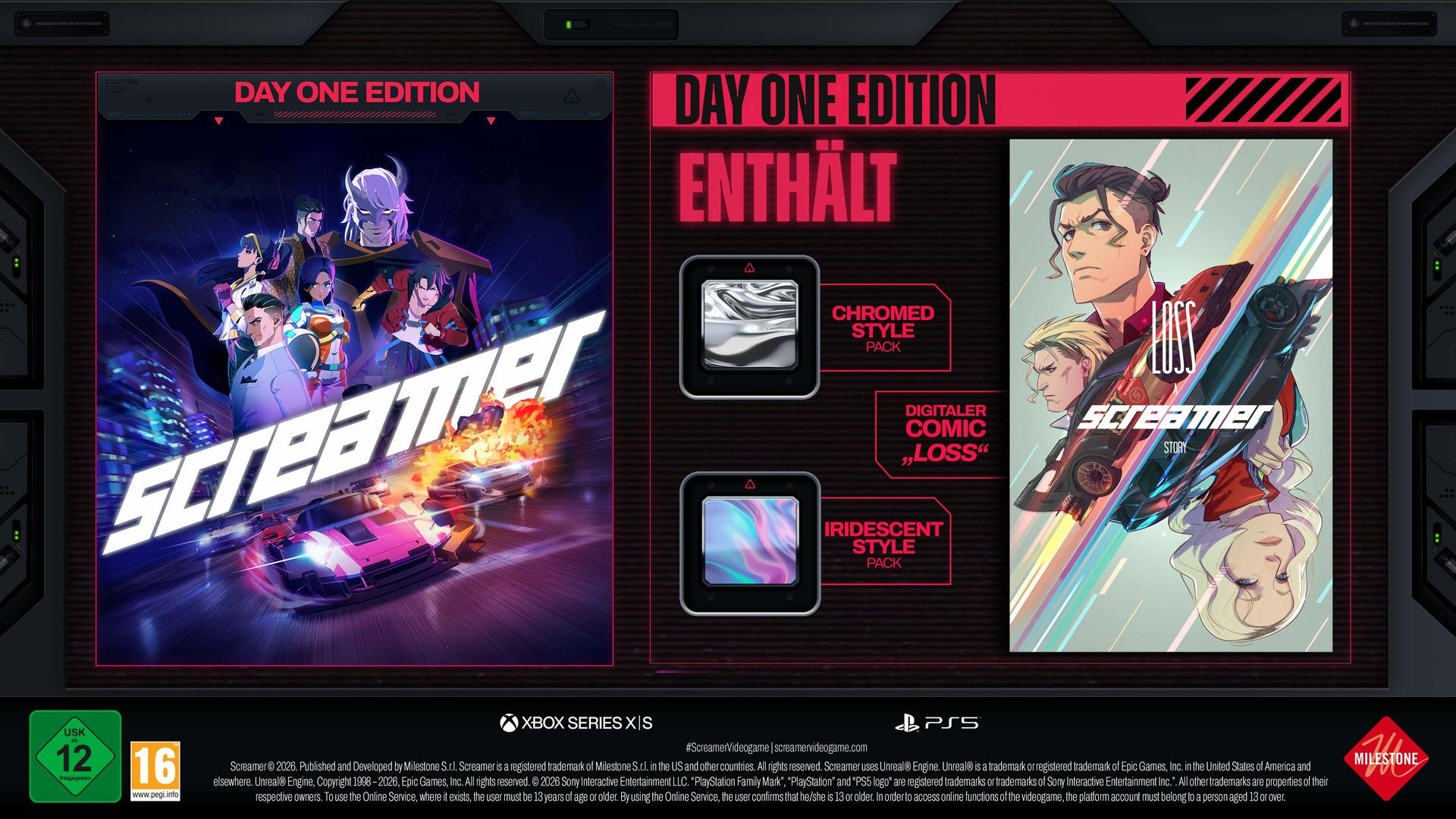 Screamer Day One Edition: Charaktere, Rennwagen, Stadt. Enthält Style-Packs & Comic.