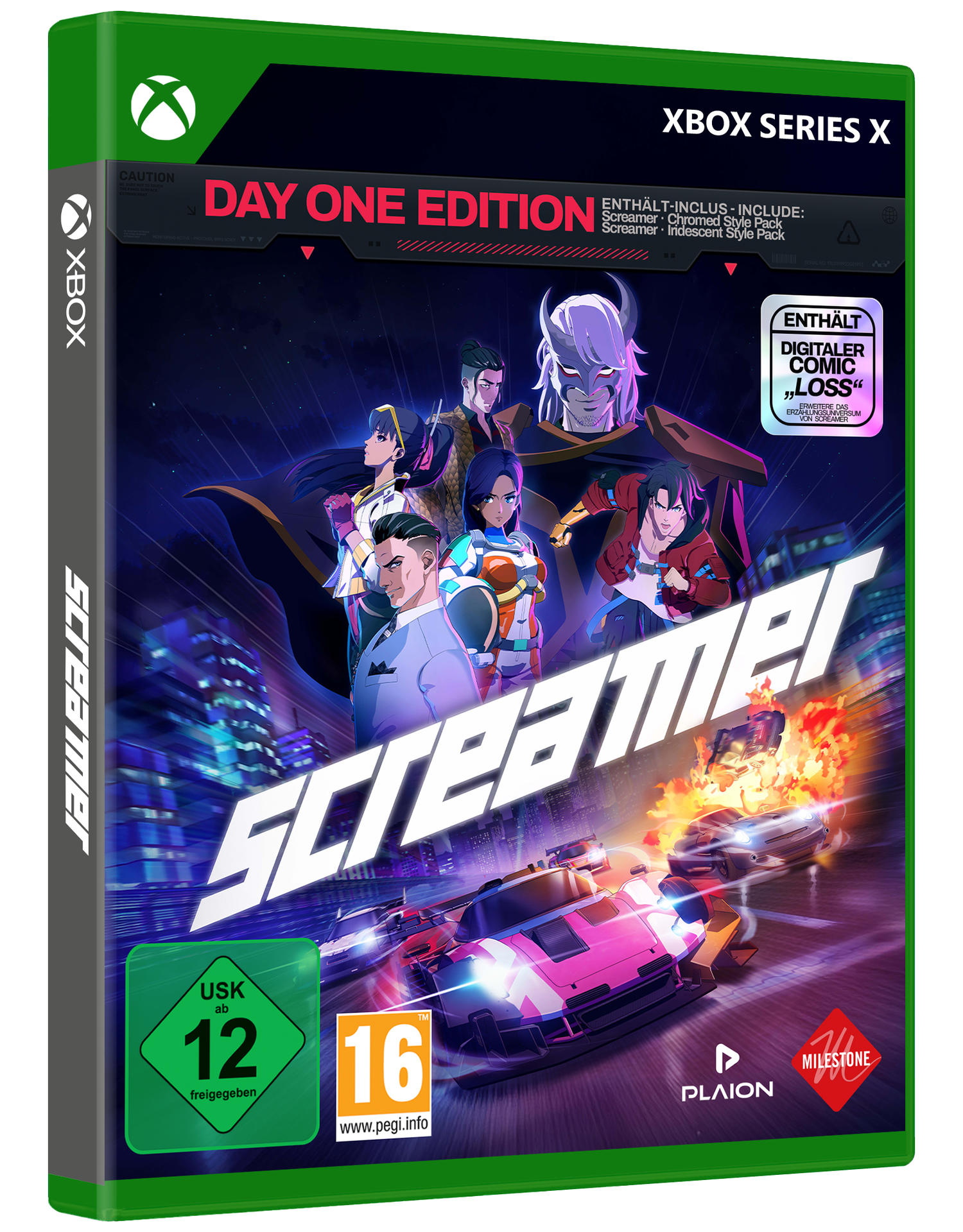 Xbox Series X Hülle: Anime-Charaktere, brennende Autos, Stadtkulisse. Day One Edition.