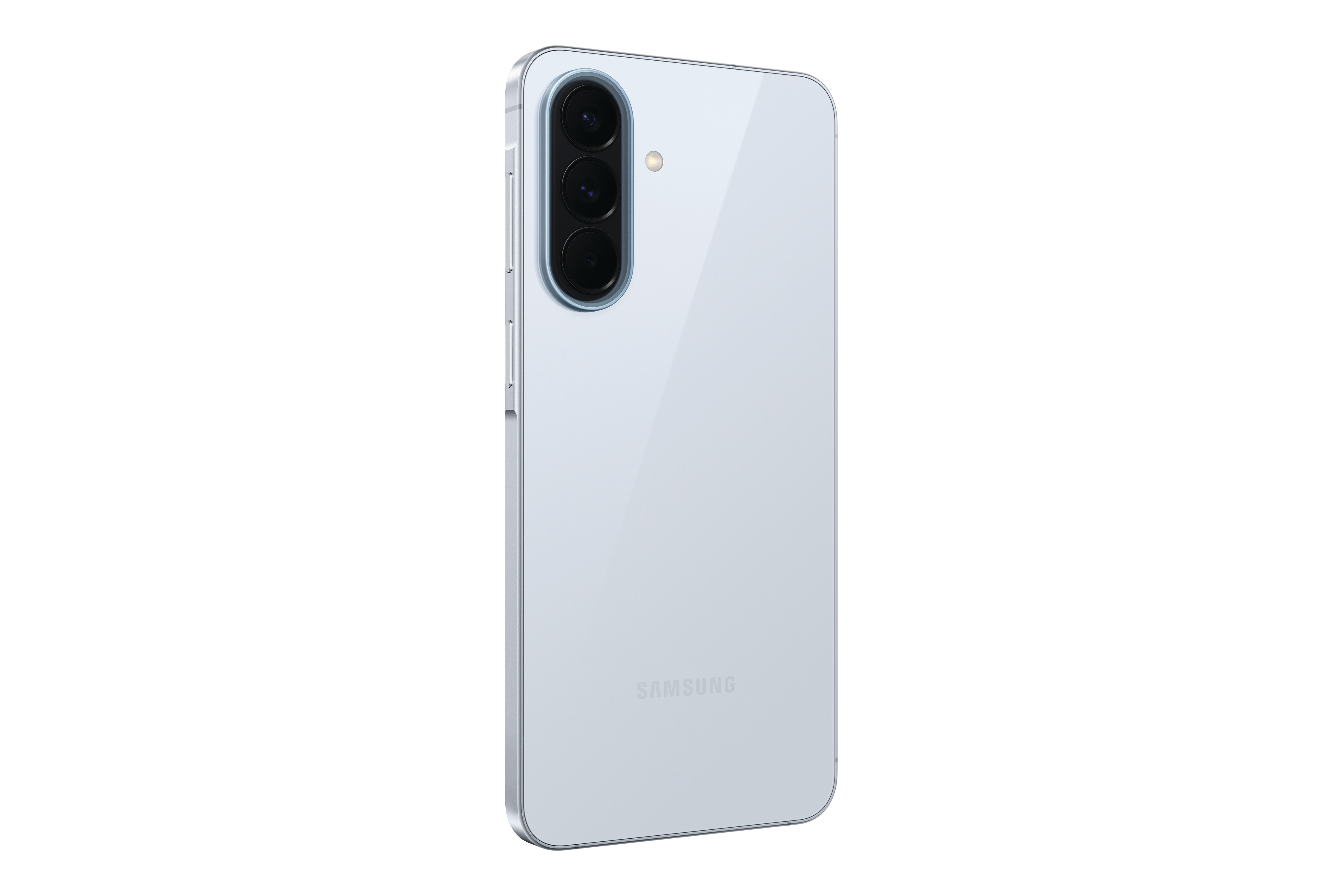 Ein weißes Smartphone mit drei Kameras und Blitz auf der Rückseite.