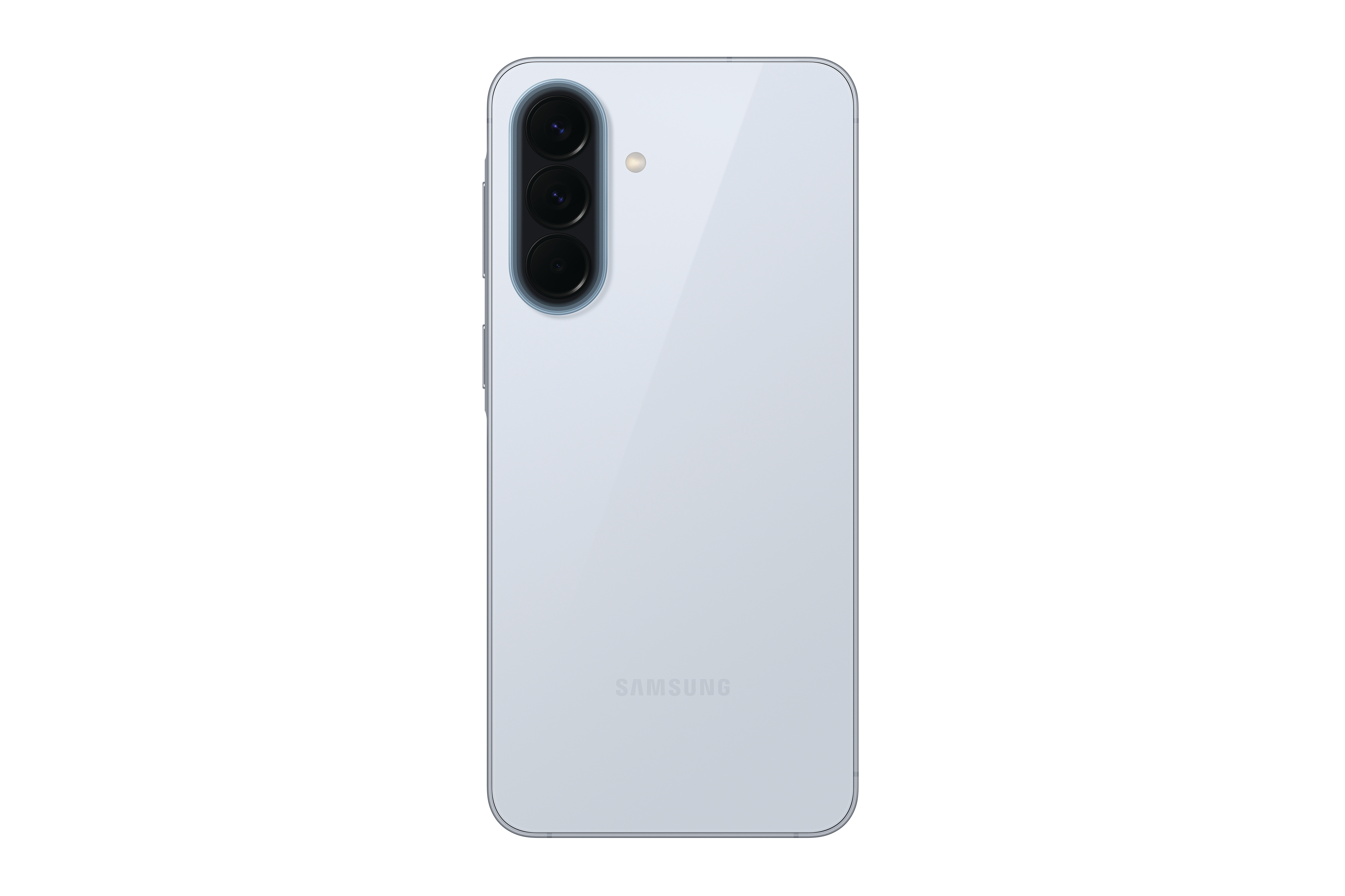 Rückseite eines hellblauen Smartphones mit drei Kameras und Samsung-Logo.