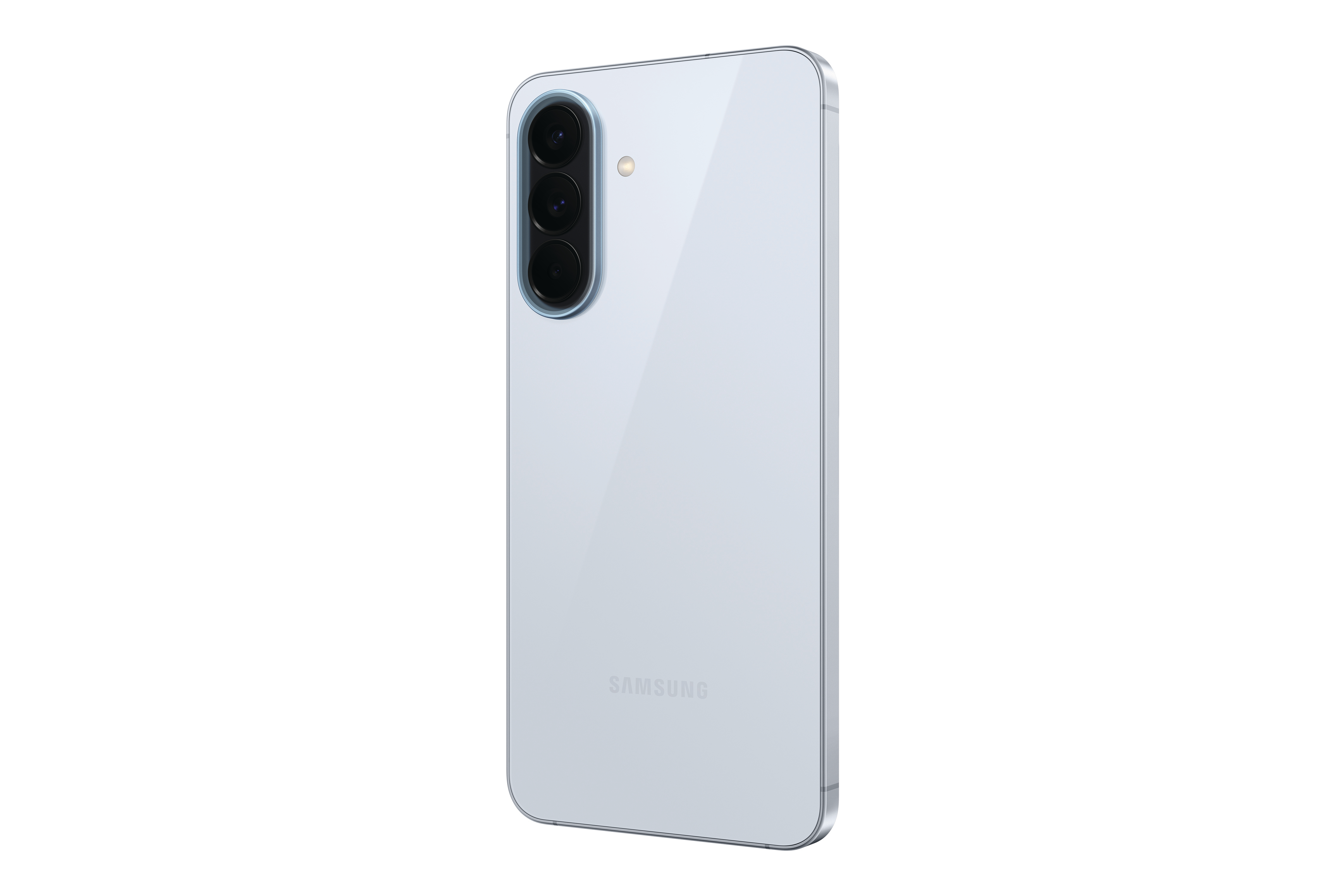 Rückseite eines hellblauen Samsung Smartphones mit drei Kameras.