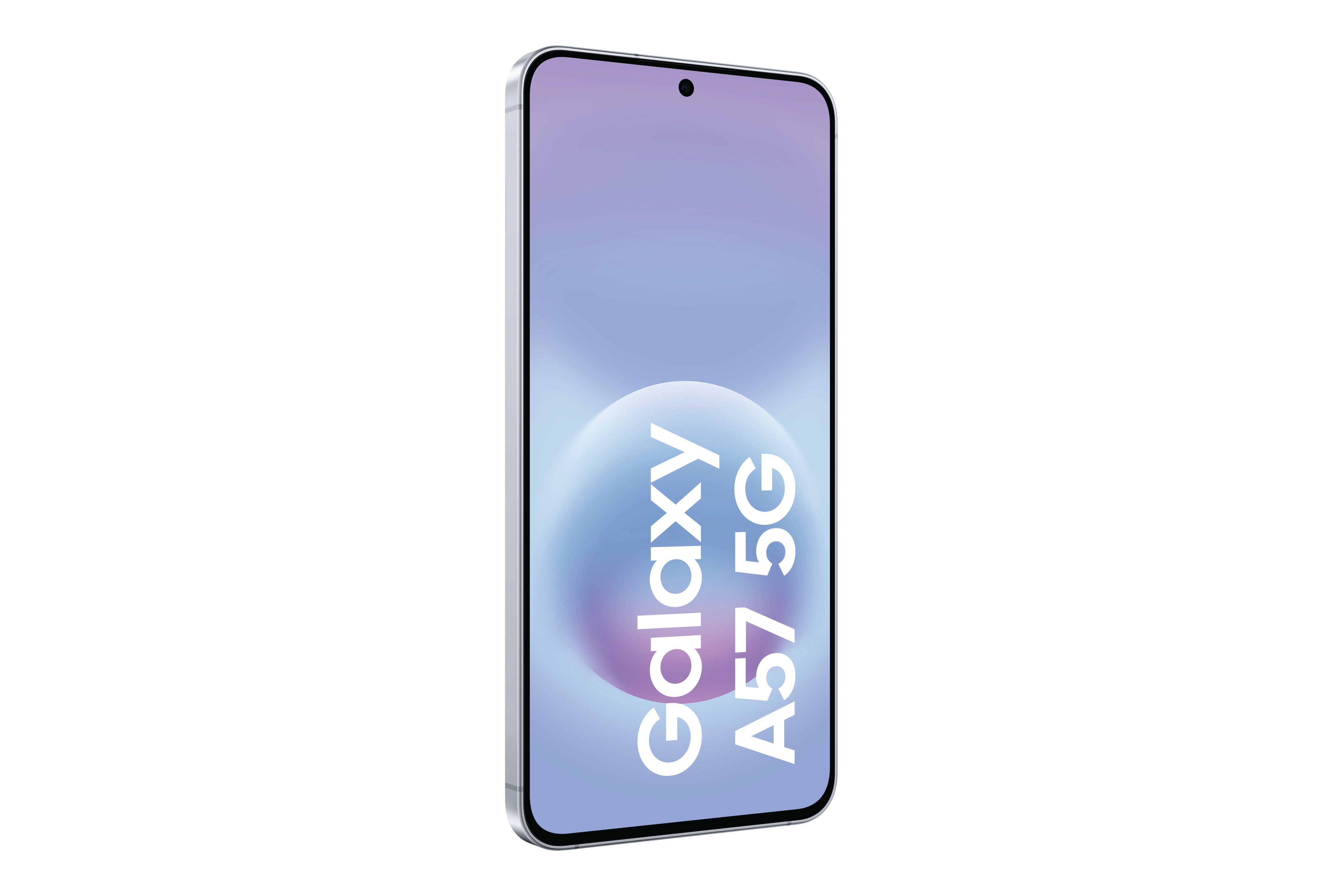 Ein silbernes Smartphone mit dem Text "Galaxy A57 5G" auf dem Bildschirm.