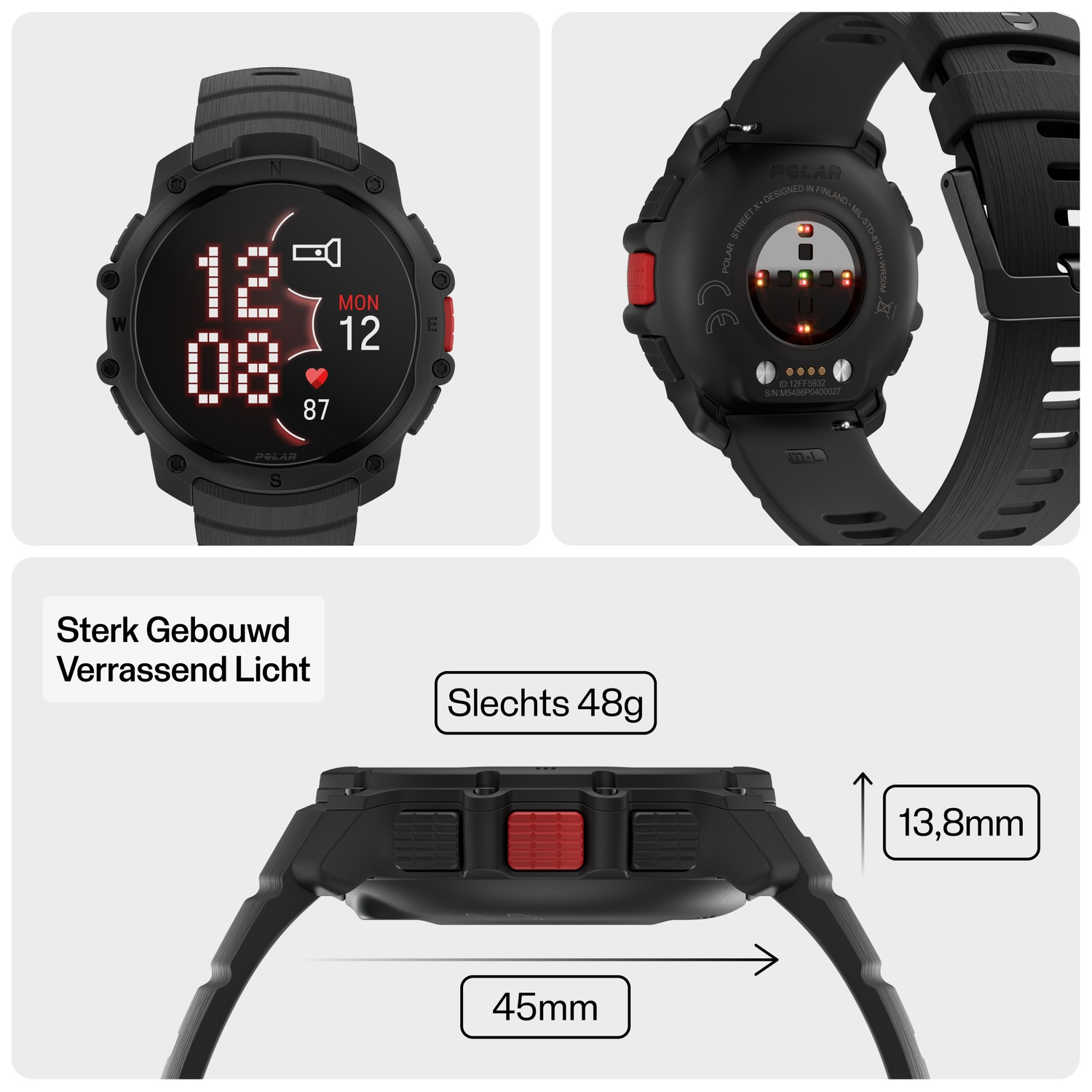 Black Polar watch showing time, date, heart rate and dimensions.