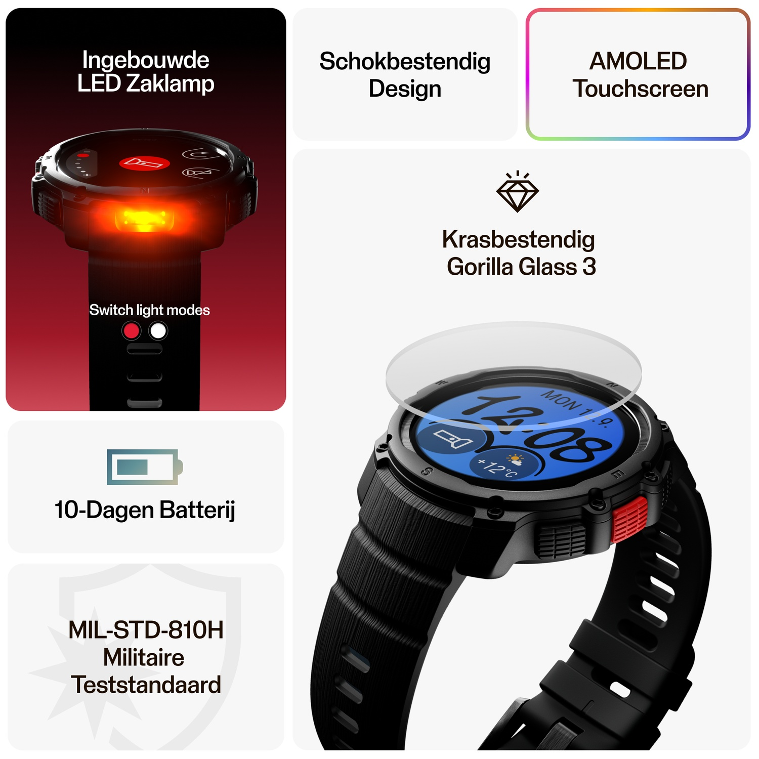 Smartwatch with LED flashlight, shock resistance, AMOLED touchscreen, 10-day battery.