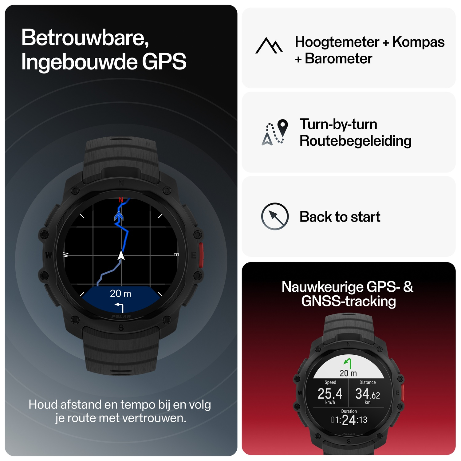 A black smartwatch displaying GPS map, altimeter, compass, and barometer features.