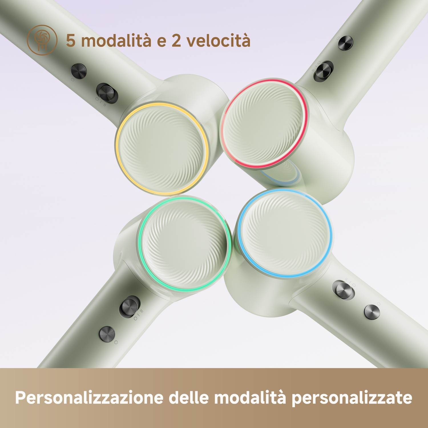 Quattro testine di asciugacapelli con anelli colorati: giallo, rosso, verde e blu.
