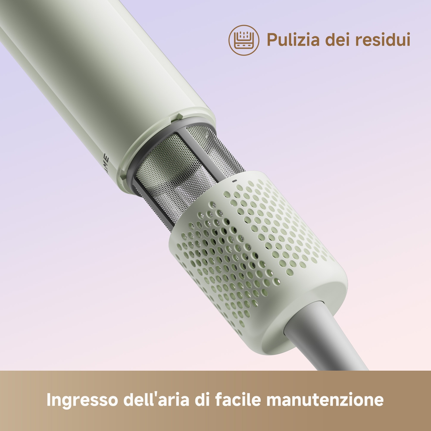 Primo piano di un dispositivo verde chiaro con filtro metallico e fori di ventilazione.