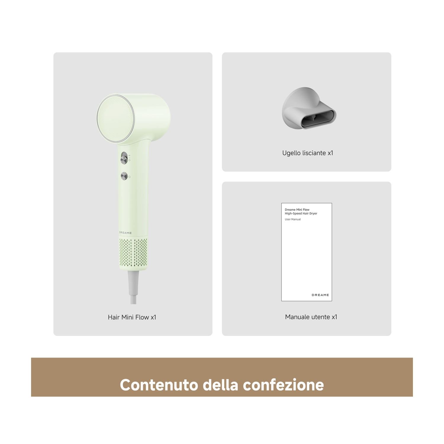 Un asciugacapelli verde, un ugello e un manuale utente.