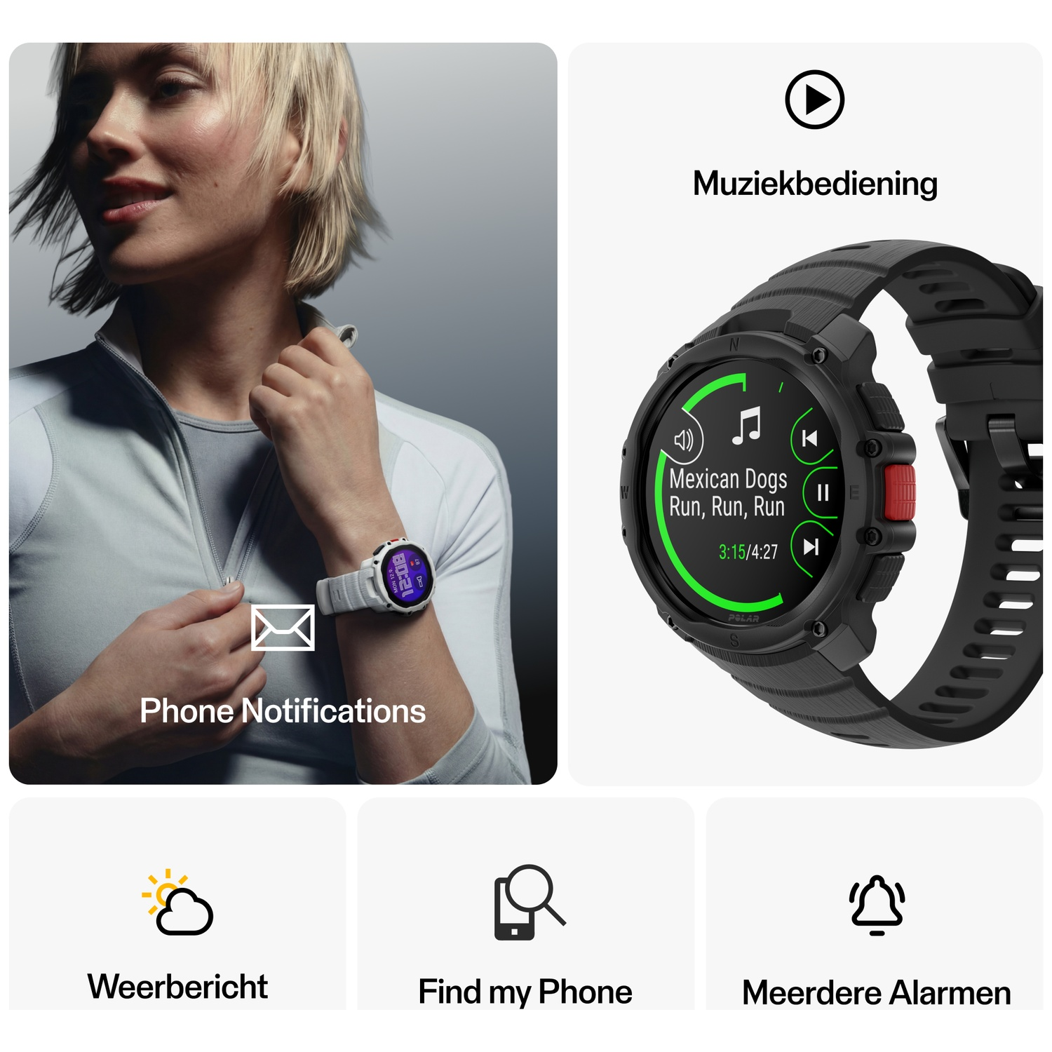 Woman with white watch and a smartwatch showing music controls.