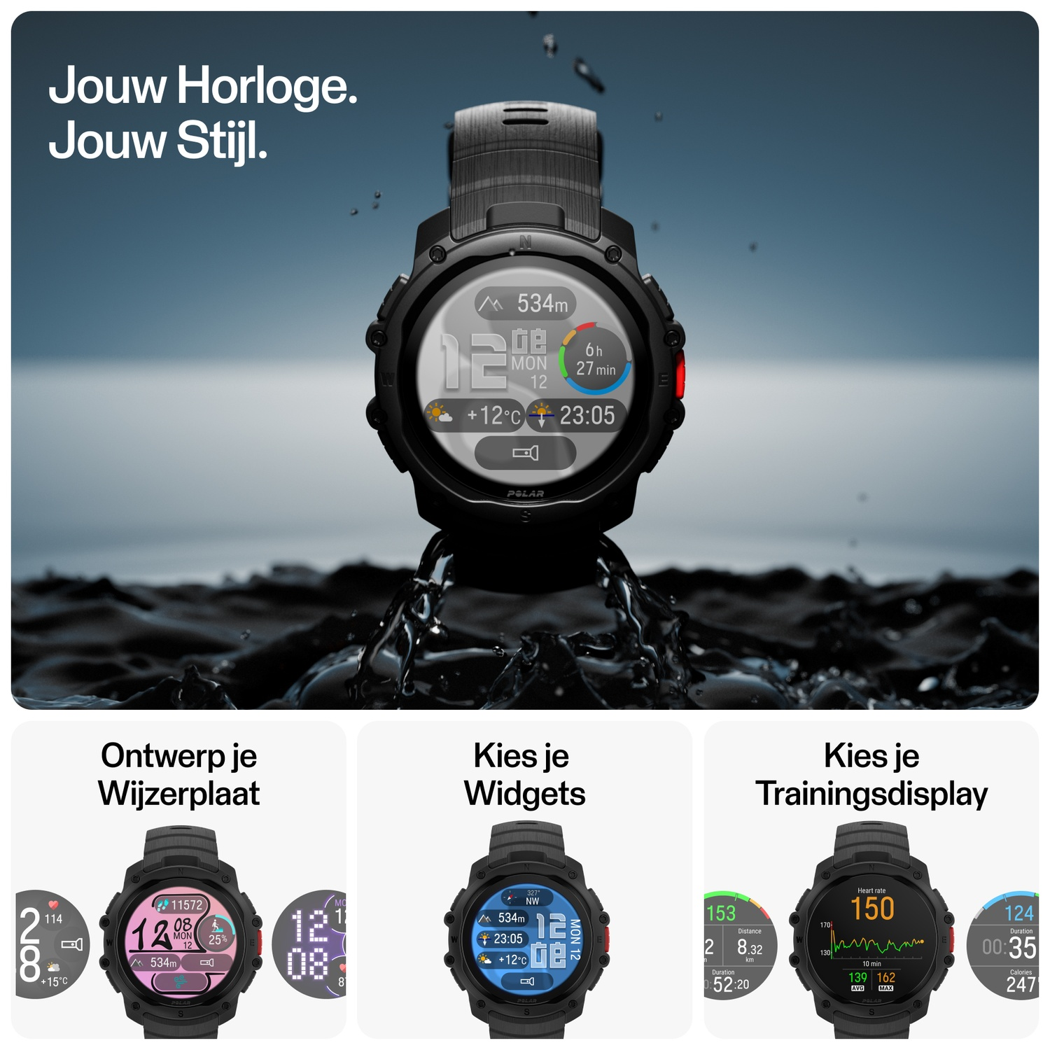 A black Polar smartwatch displaying different screens is shown.
