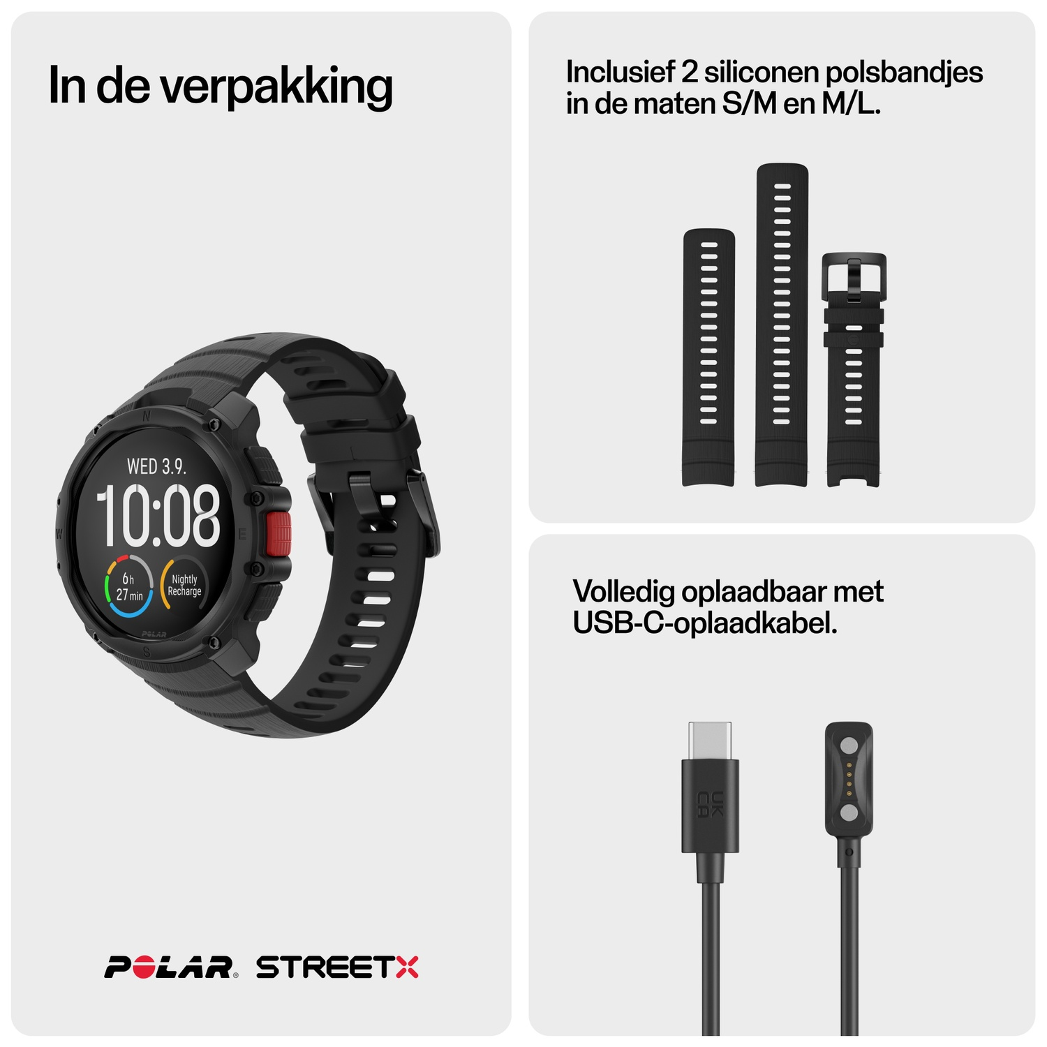 Black smartwatch with charging accessories and bands. Watch shows 10:08.