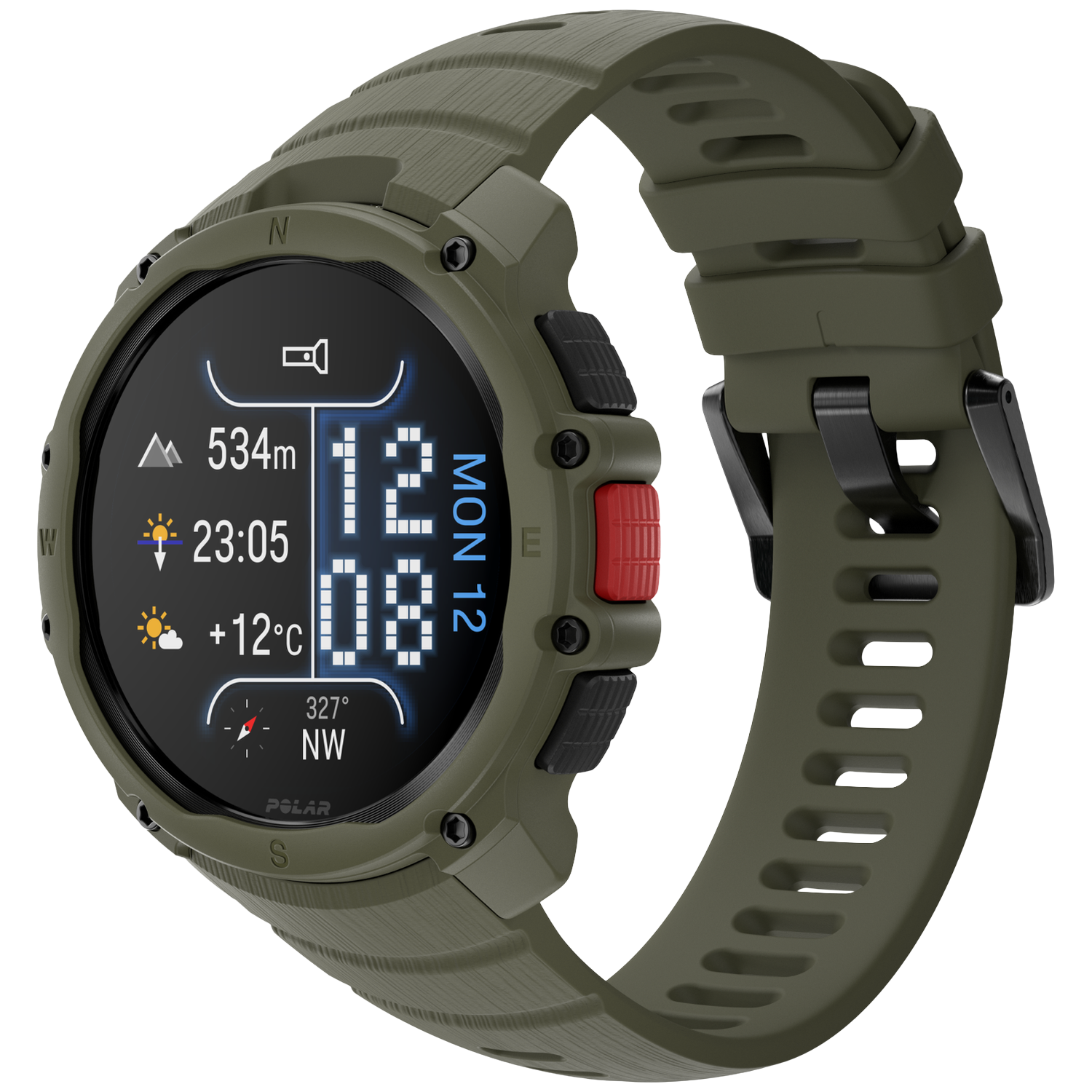 Groene smartwatch met digitaal display toont hoogte, tijd, temp en kompas.