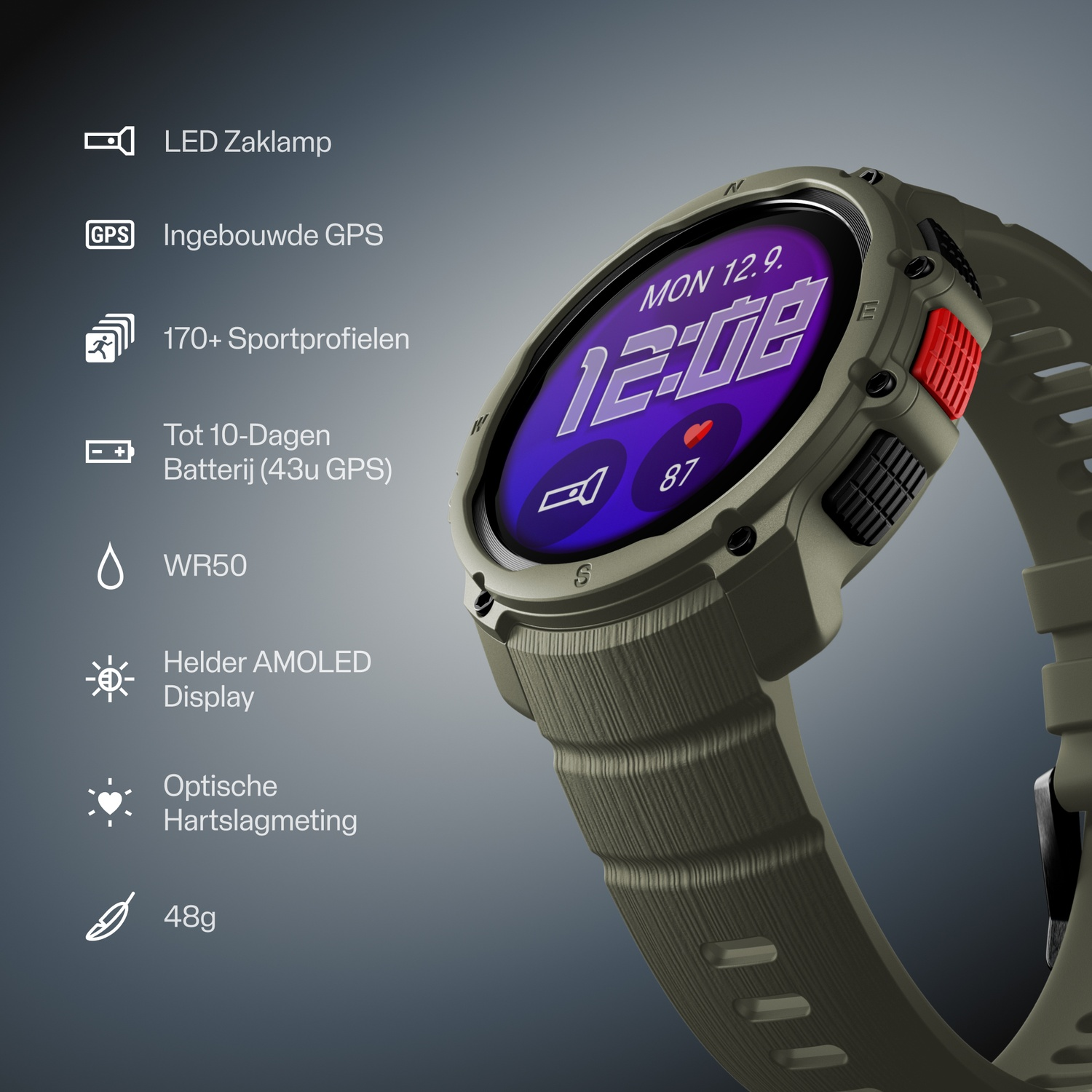 Groene smartwatch toont 12:08 tijd, hartslag 87 en functies zoals GPS.