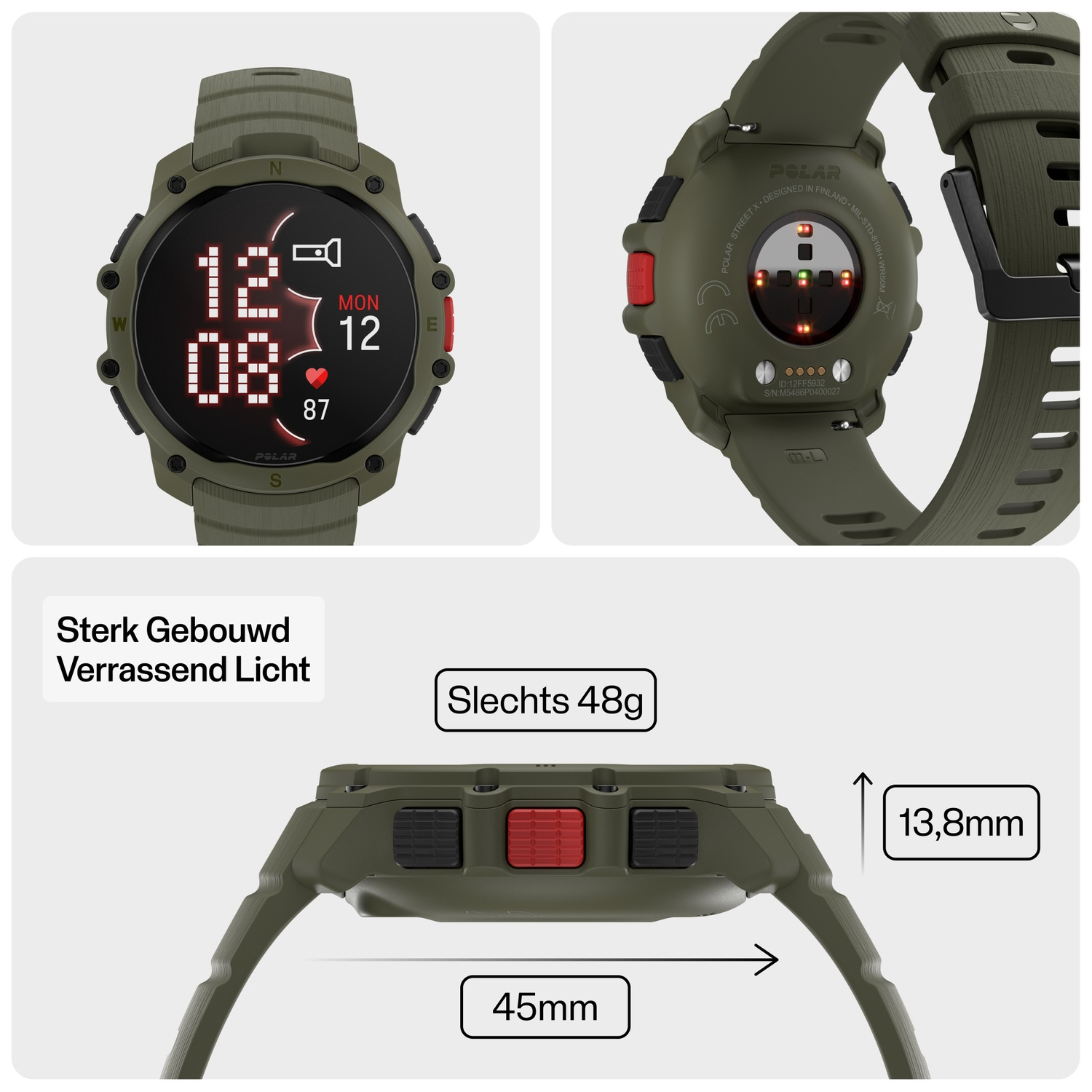 Groene smartwatch met digitaal display, hartslag en datum. Afmetingen: 45mm x 13,8mm.