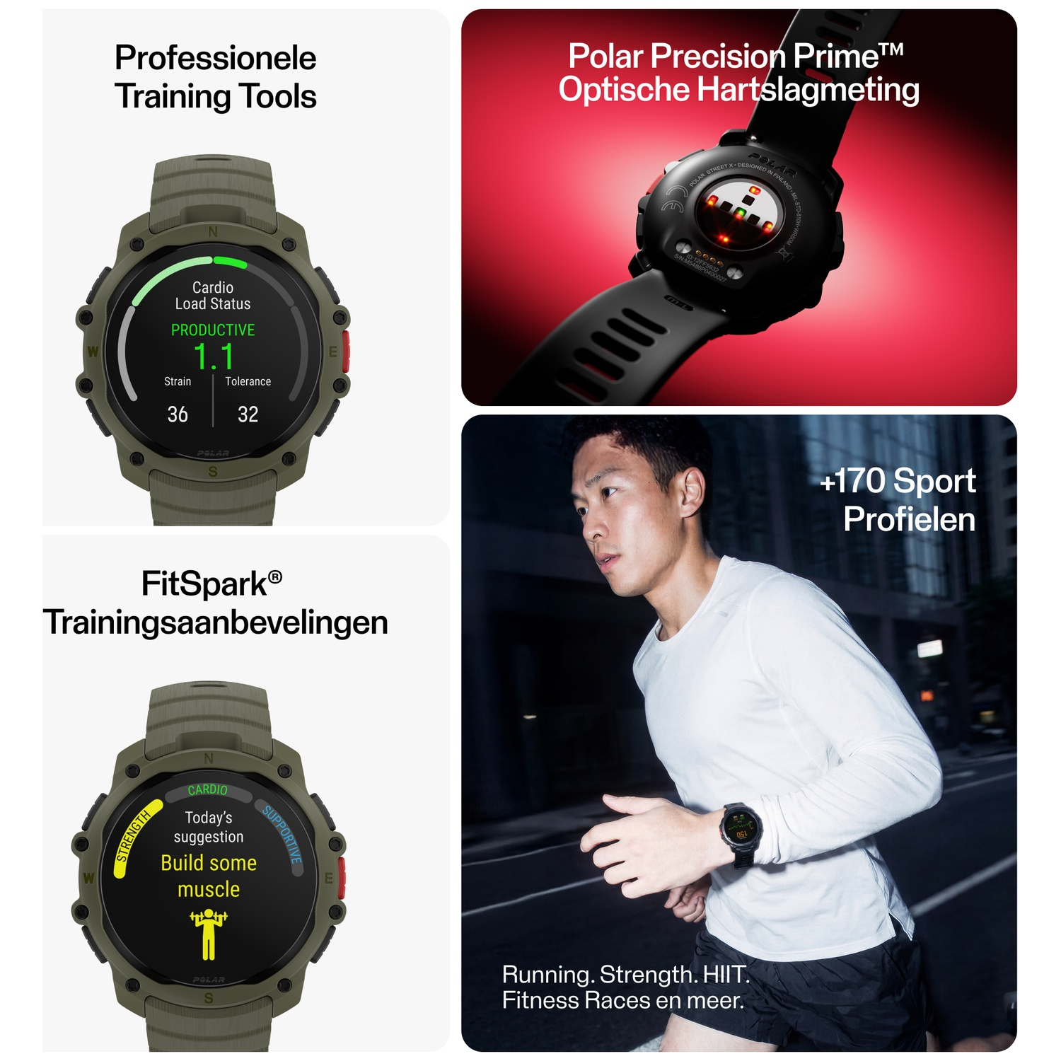 Groene smartwatch met trainingsdata. Achterkant met hartslagsensor.