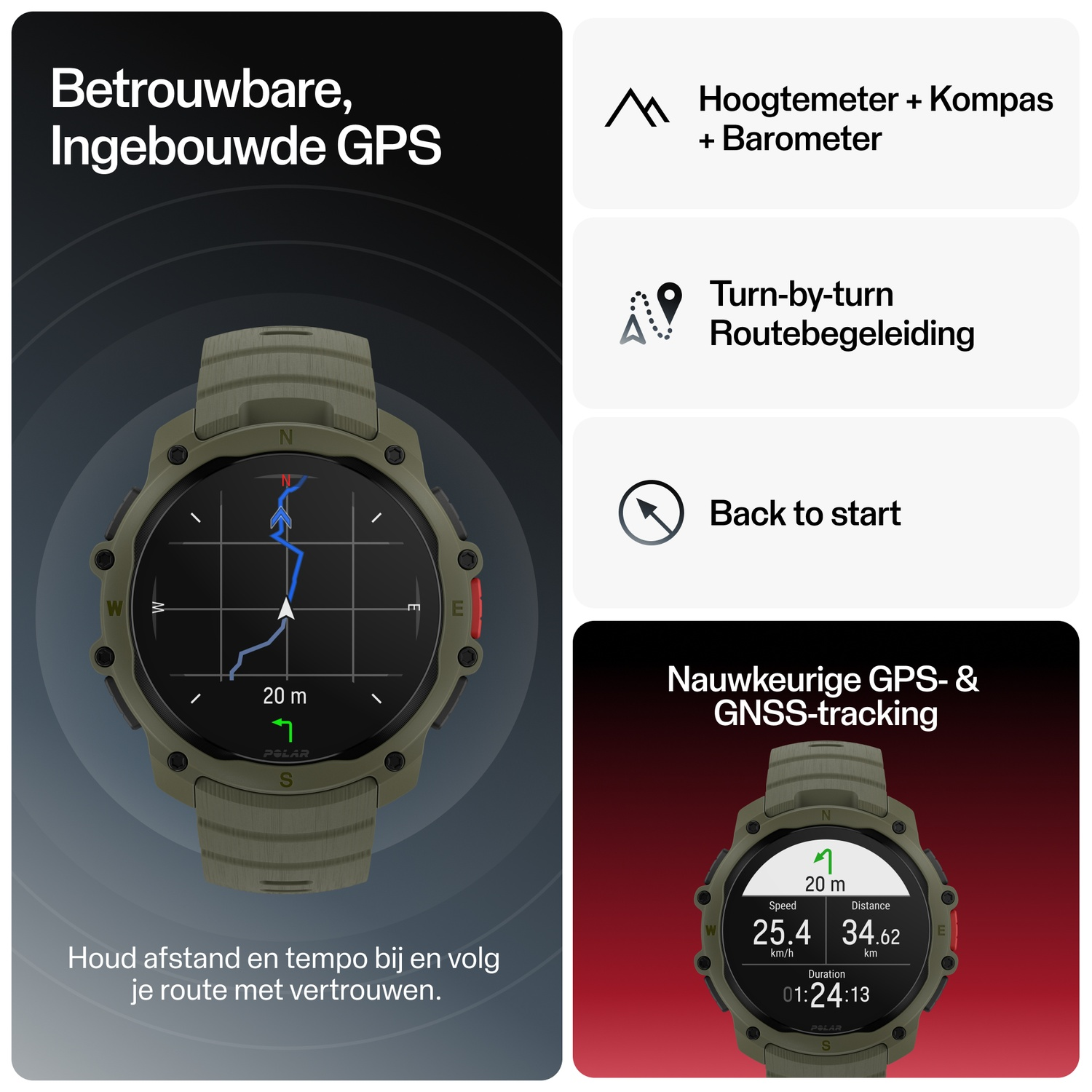 Groene GPS-horloge met route-weergave en trainingsgegevens. Bevat hoogtemeter, kompas.