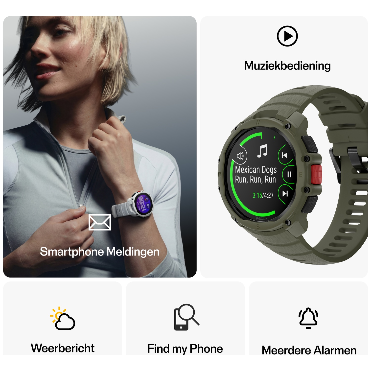 Vrouw met sporthorloge toont smartphone meldingen. Groen horloge speelt muziek af.