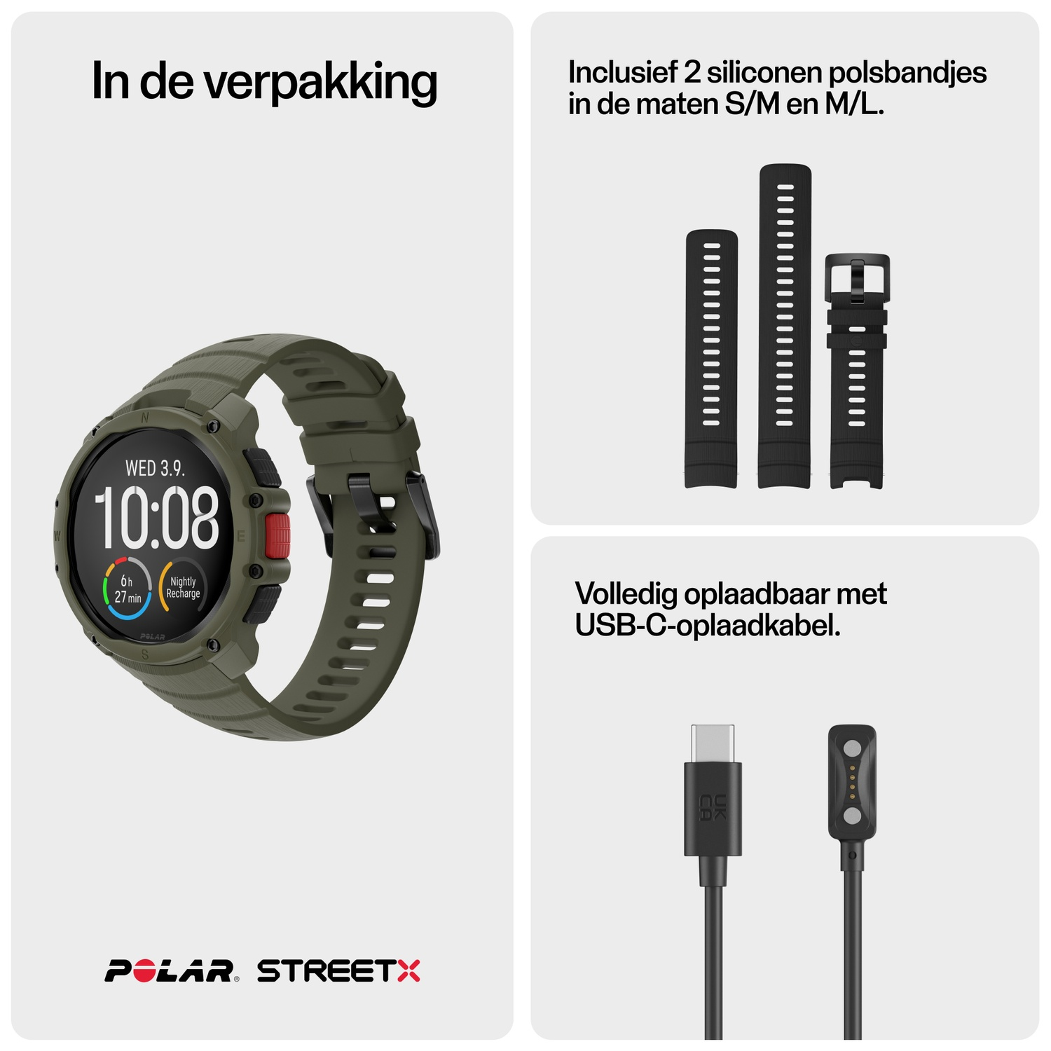 Groene smartwatch met 2 bandjes en oplaadkabel. Tijd: 10:08.