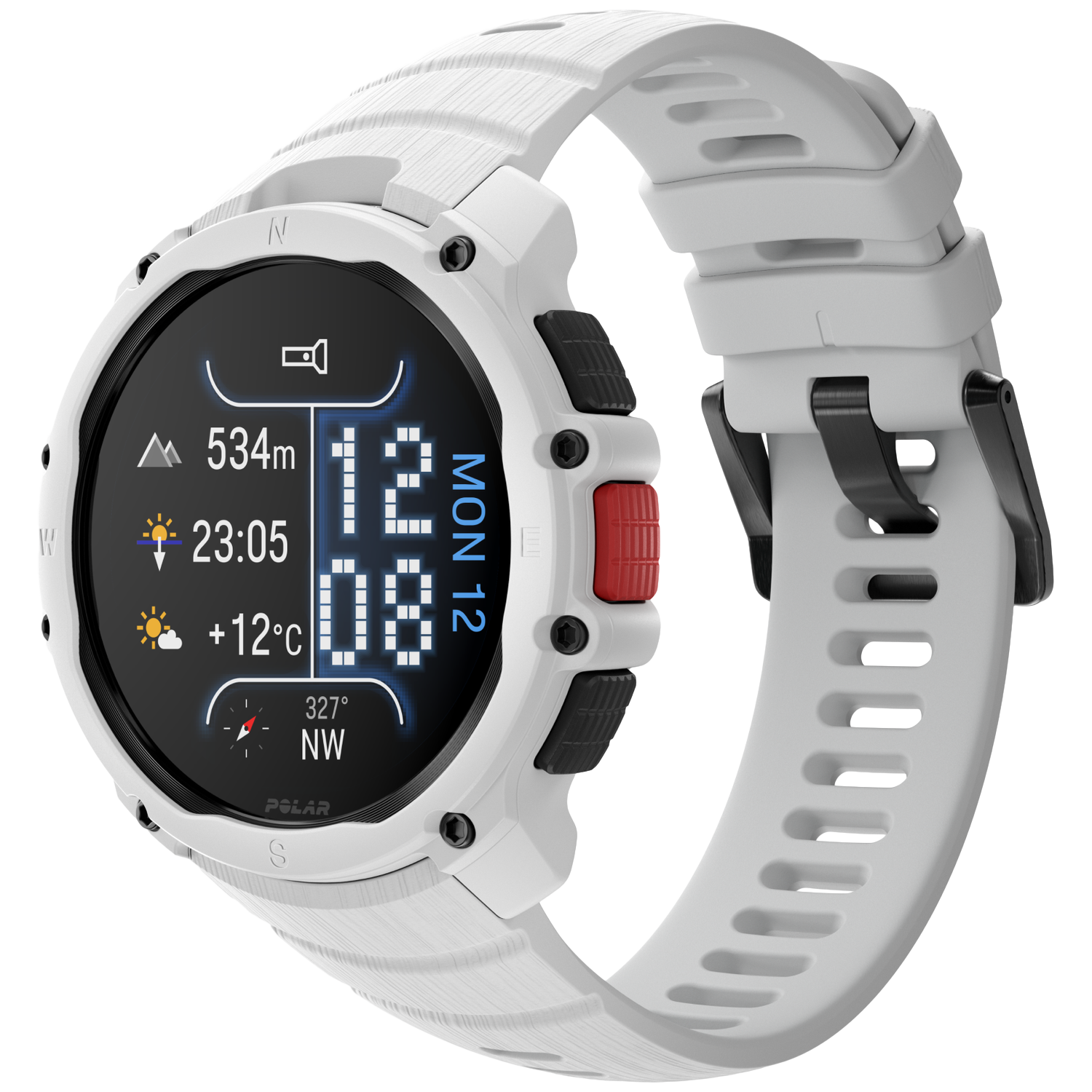A white smartwatch with a digital display showing altitude, time, temperature, and compass.