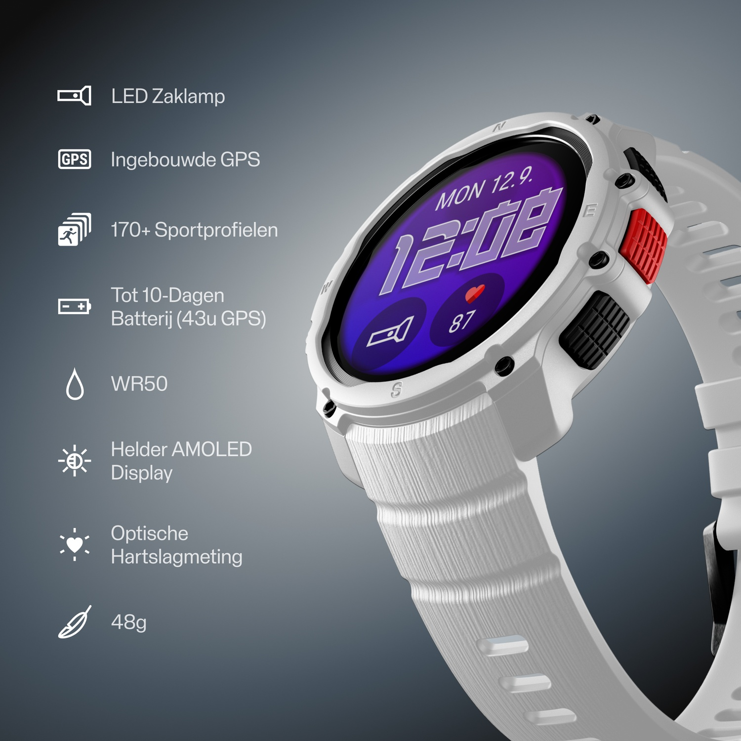 White smartwatch with AMOLED display showing 12:08, heart rate 87. Features: LED, GPS.