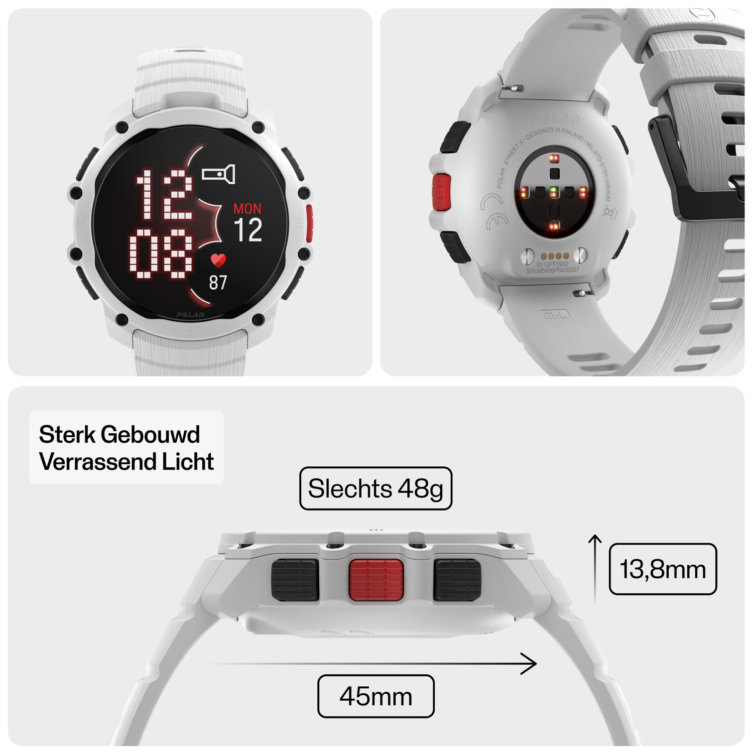 White smartwatch showing time, heart rate. Back shows sensors. Side shows dimensions.