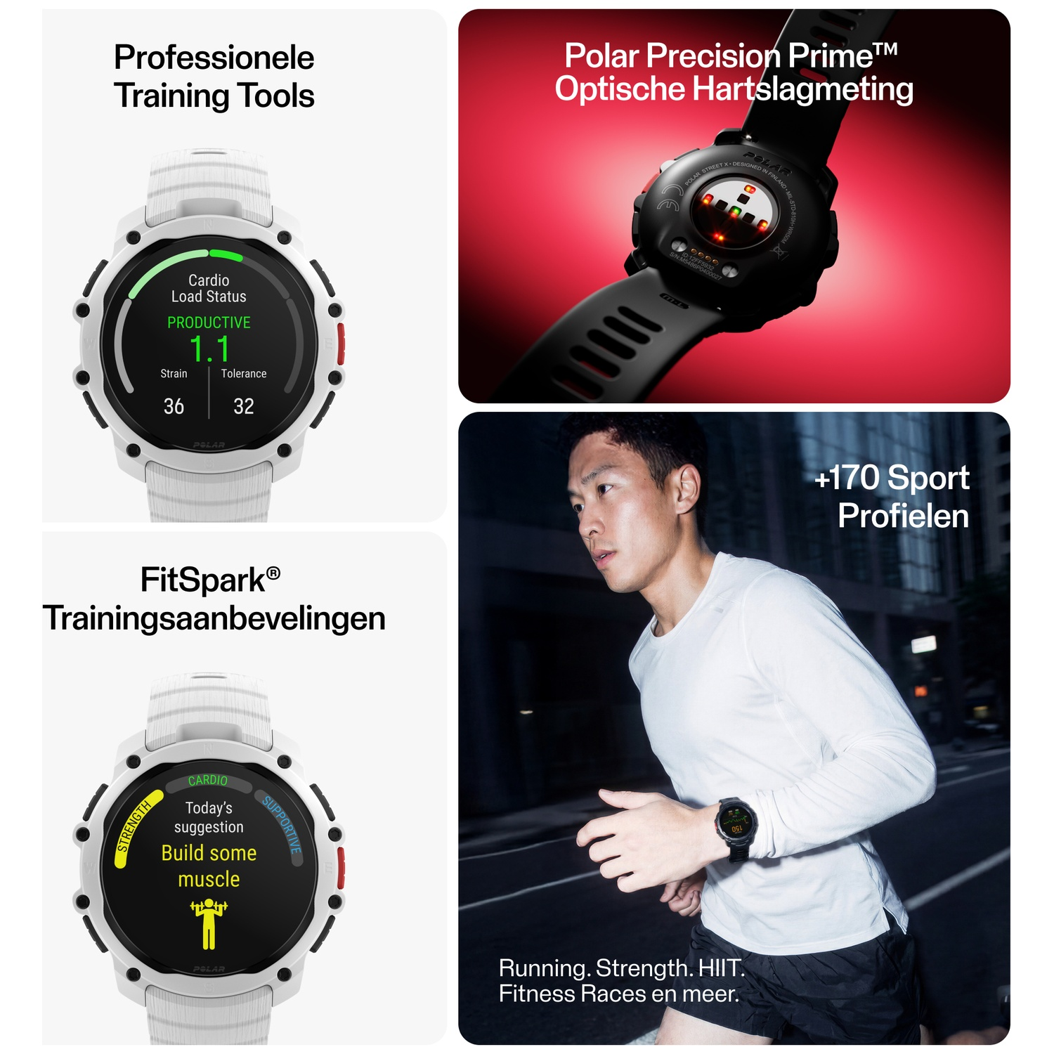 White Polar training watch showing Cardio Load Status and FitSpark suggestions.