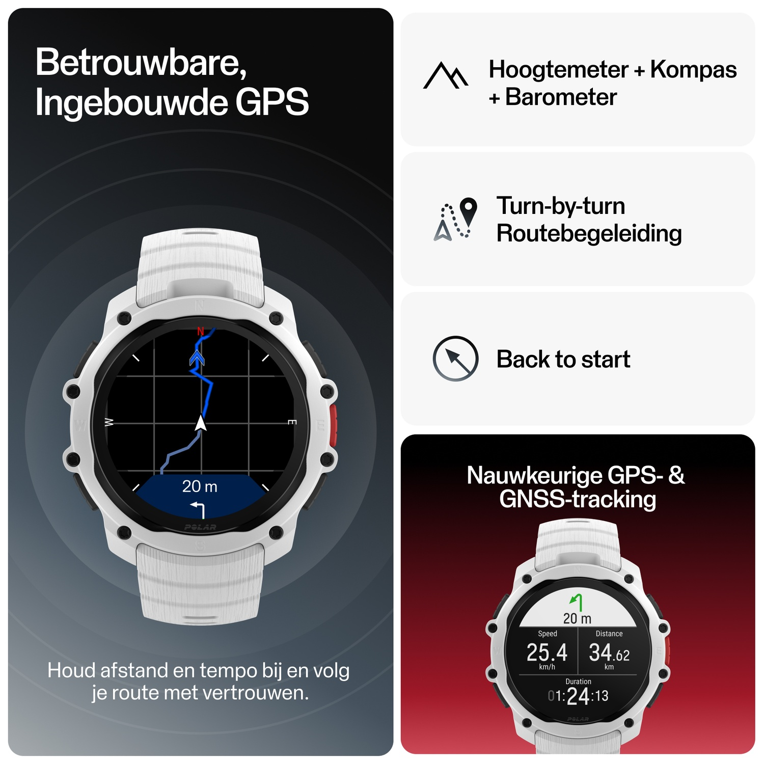 White sports watch showing GPS map and training data. Altimeter, compass, barometer.