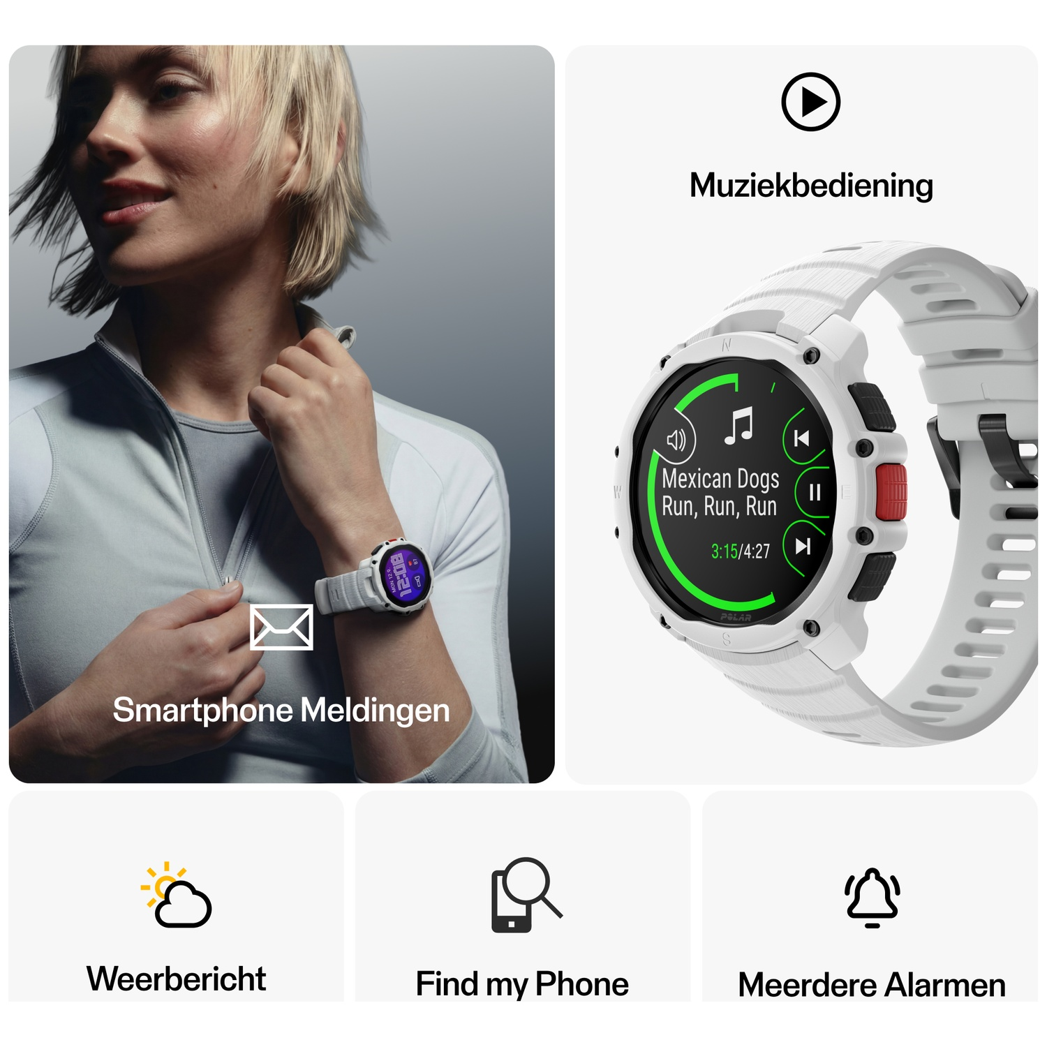 Woman wears white smartwatch. Watch shows music control, weather, find phone.
