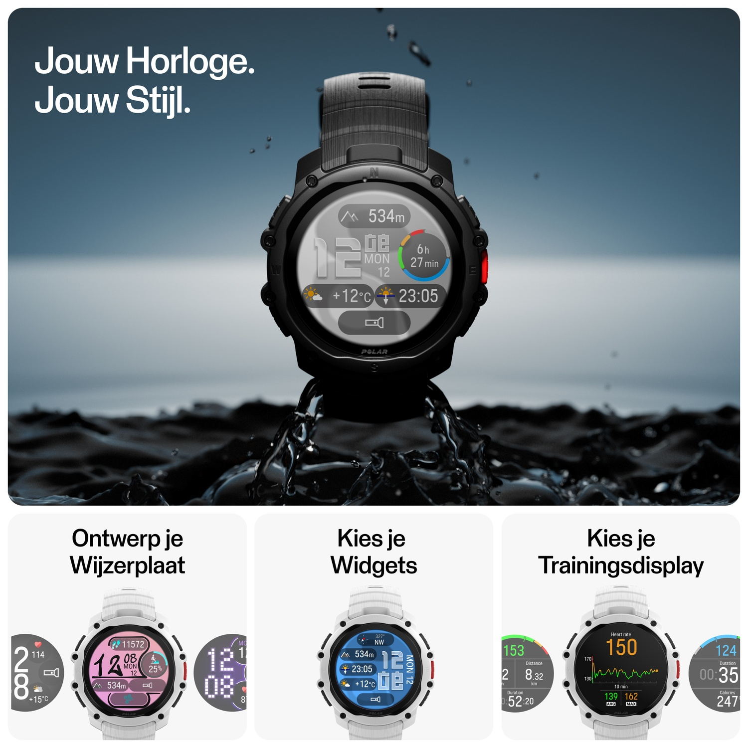 A black smartwatch displays altitude, date, temperature, and time prominently.